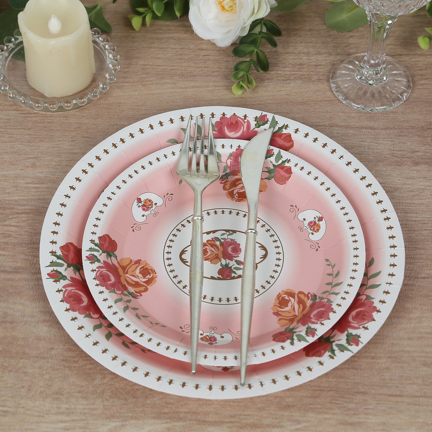 25 Pack Dusty Rose Round Floral Paper Salad Plates, Disposable Tea Party Appetizer Dessert Plates with Rose Flowers Print - 7"
