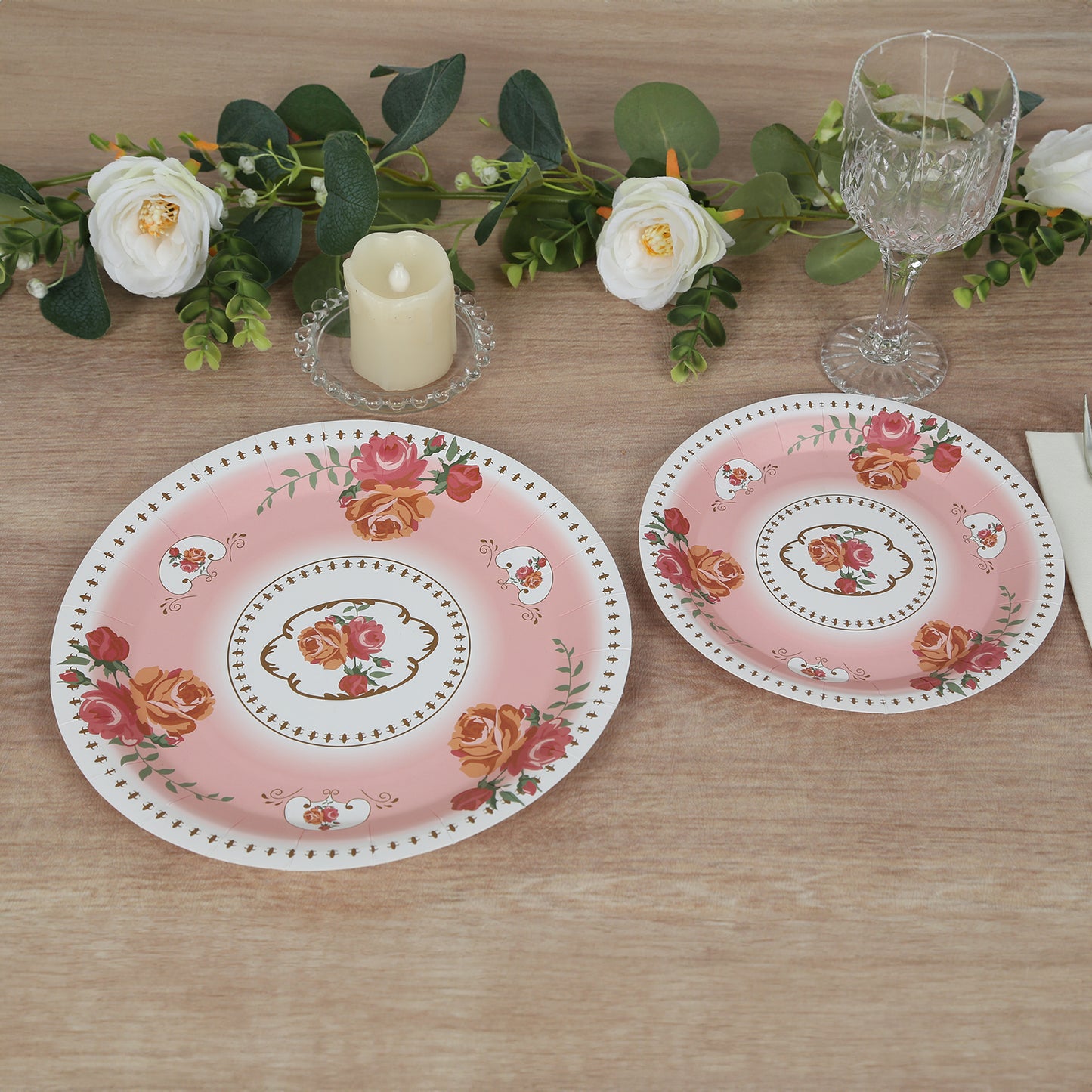 25 Pack Dusty Rose Round Floral Paper Salad Plates, Disposable Tea Party Appetizer Dessert Plates with Rose Flowers Print - 7"