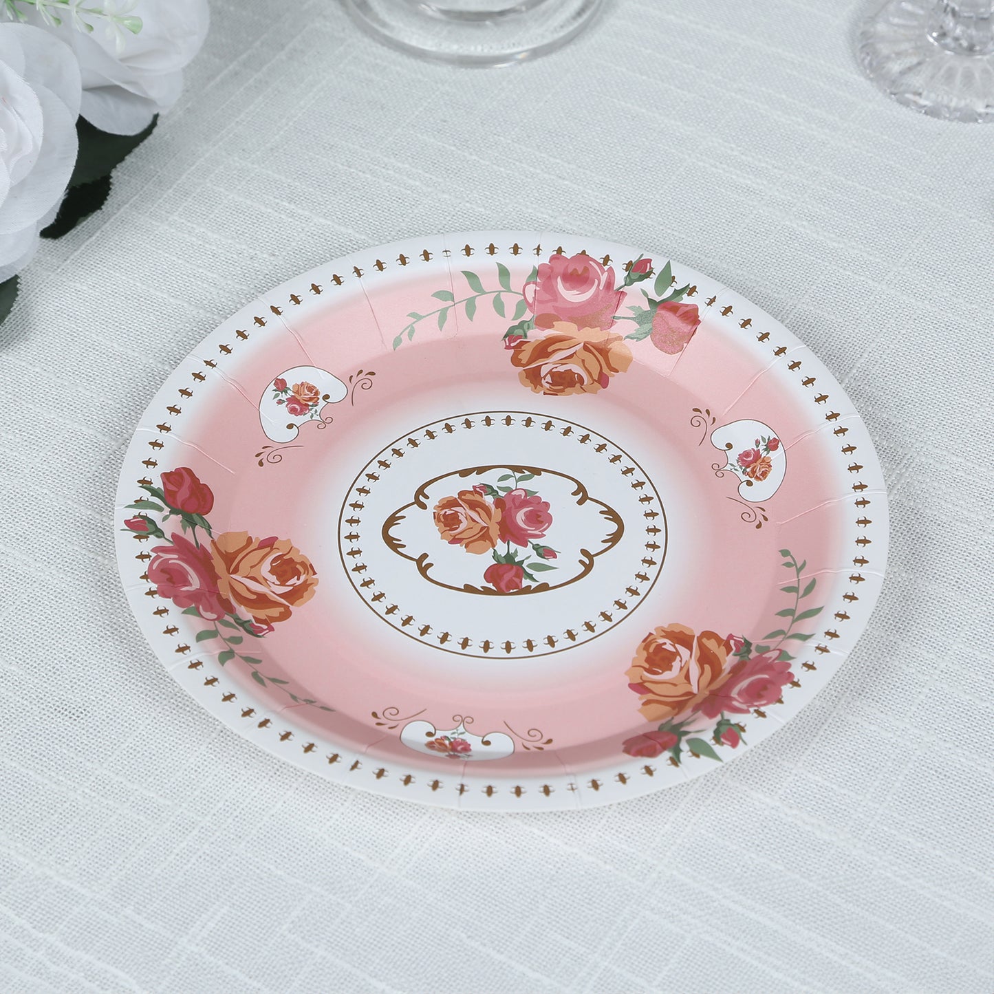 25 Pack Dusty Rose Round Floral Paper Salad Plates, Disposable Tea Party Appetizer Dessert Plates with Rose Flowers Print - 7"