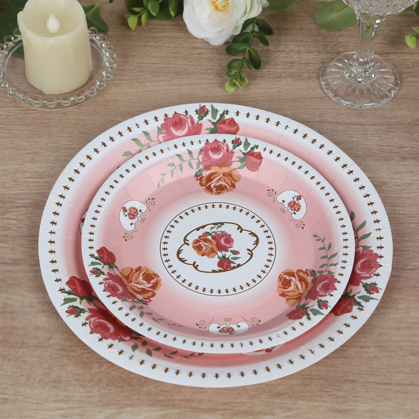 25 Pack Dusty Rose Round Floral Paper Salad Plates, Disposable Tea Party Appetizer Dessert Plates with Rose Flowers Print - 7"