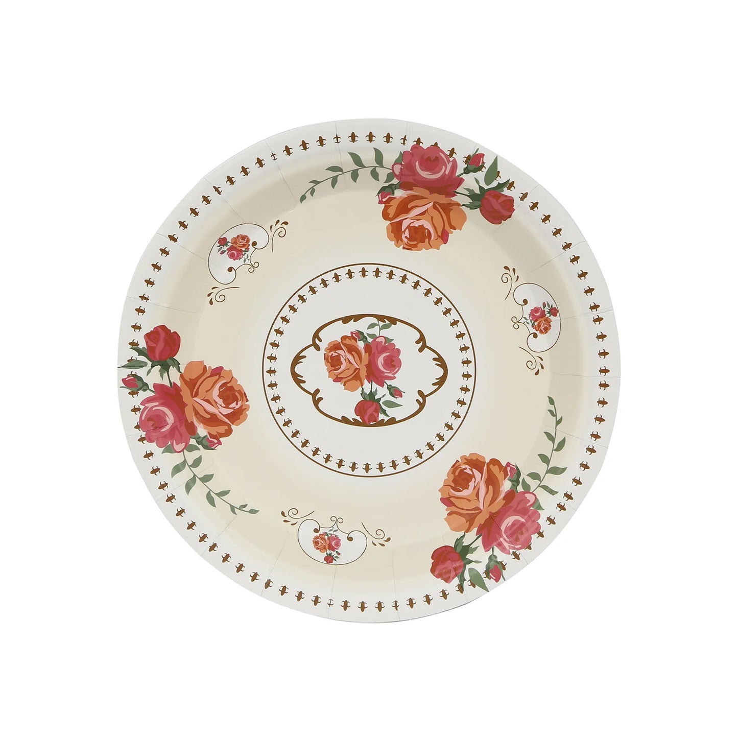 25 Pack Ivory Round Floral Paper Salad Plates, Disposable Tea Party Appetizer Dessert Plates with Rose Flowers Print - 7"