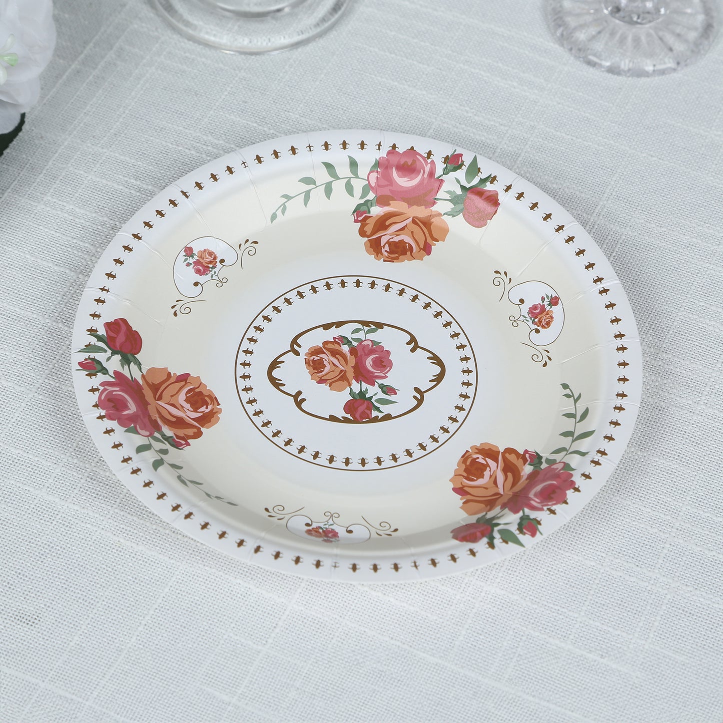 25 Pack Ivory Round Floral Paper Salad Plates, Disposable Tea Party Appetizer Dessert Plates with Rose Flowers Print - 7"
