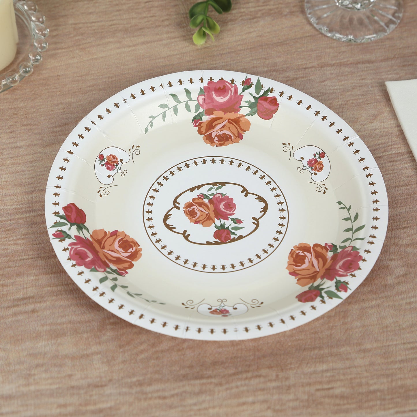 25 Pack Ivory Round Floral Paper Salad Plates, Disposable Tea Party Appetizer Dessert Plates with Rose Flowers Print - 7"