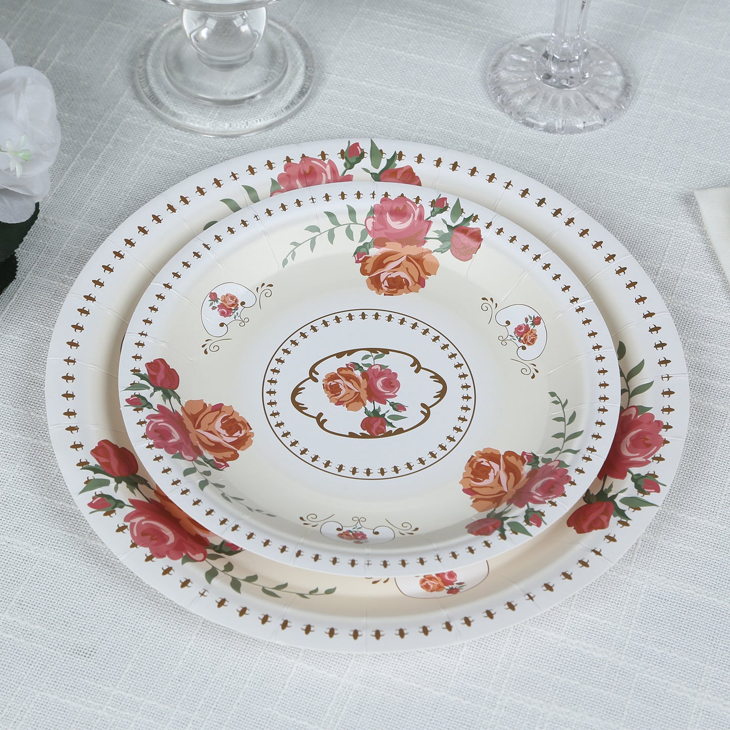 25 Pack Ivory Round Floral Paper Salad Plates, Disposable Tea Party Appetizer Dessert Plates with Rose Flowers Print - 7"