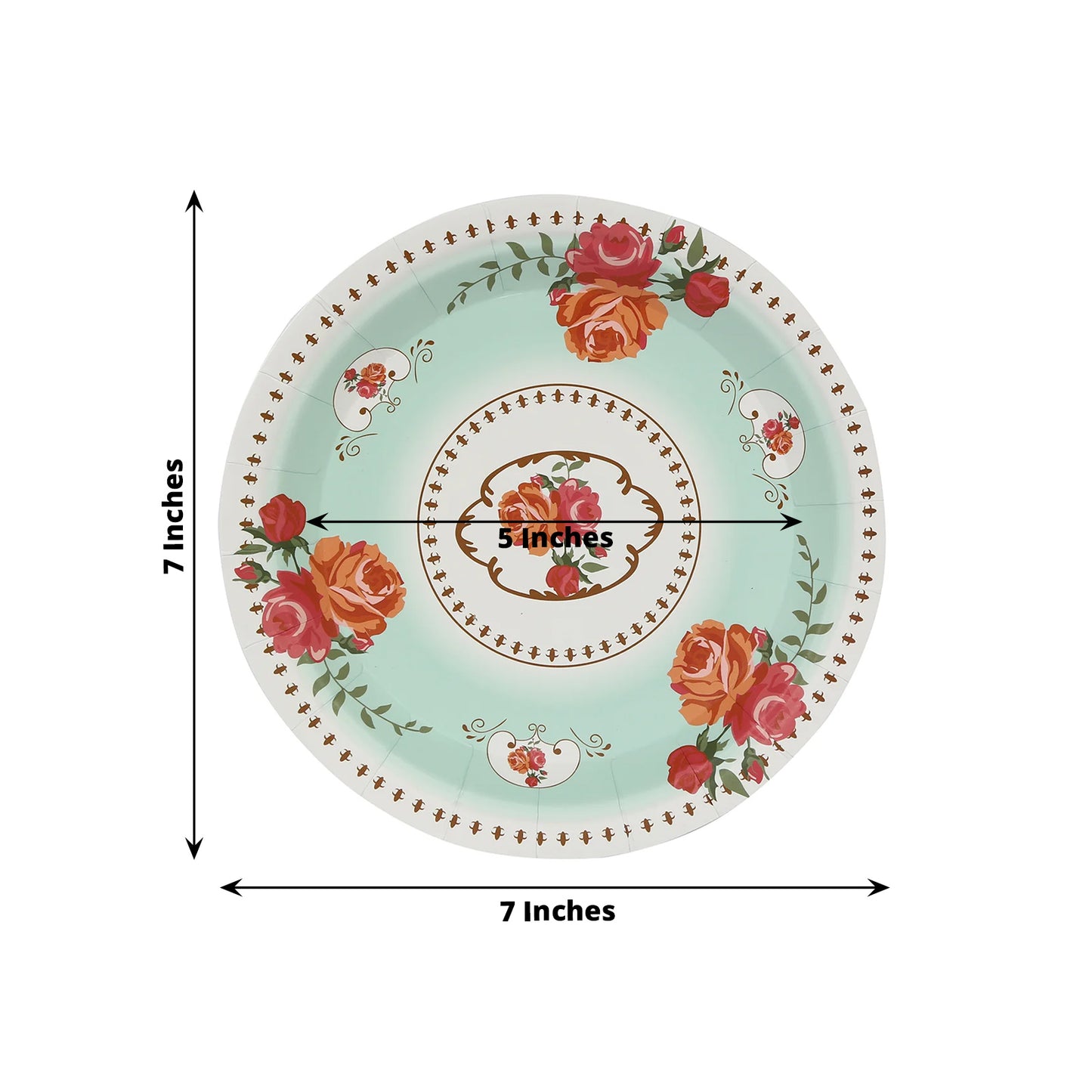25 Pack Light Turquoise Round Floral Paper Salad Plates, Disposable Tea Party Appetizer Dessert Plates with Rose Flowers Print - 7"