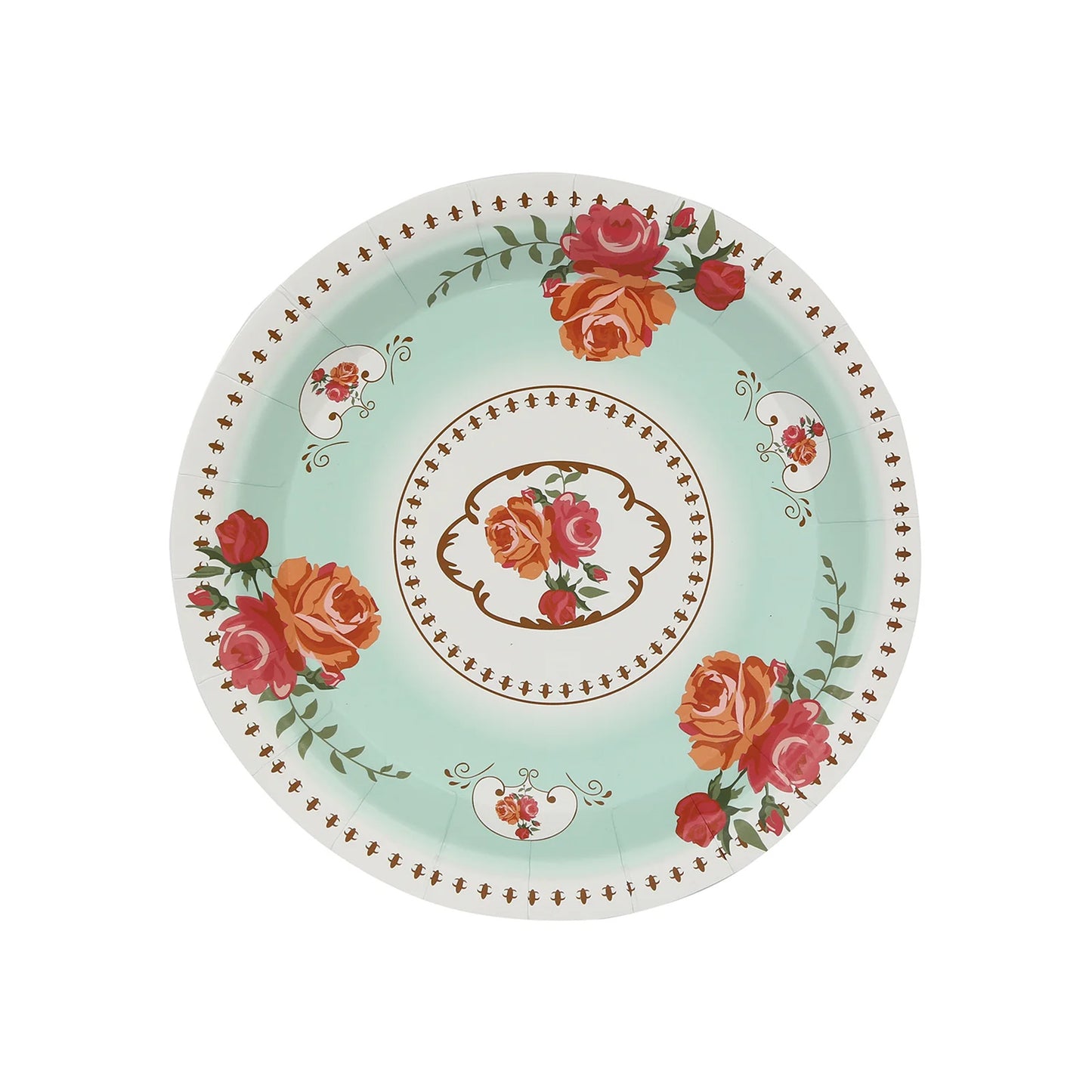 25 Pack Light Turquoise Round Floral Paper Salad Plates, Disposable Tea Party Appetizer Dessert Plates with Rose Flowers Print - 7"