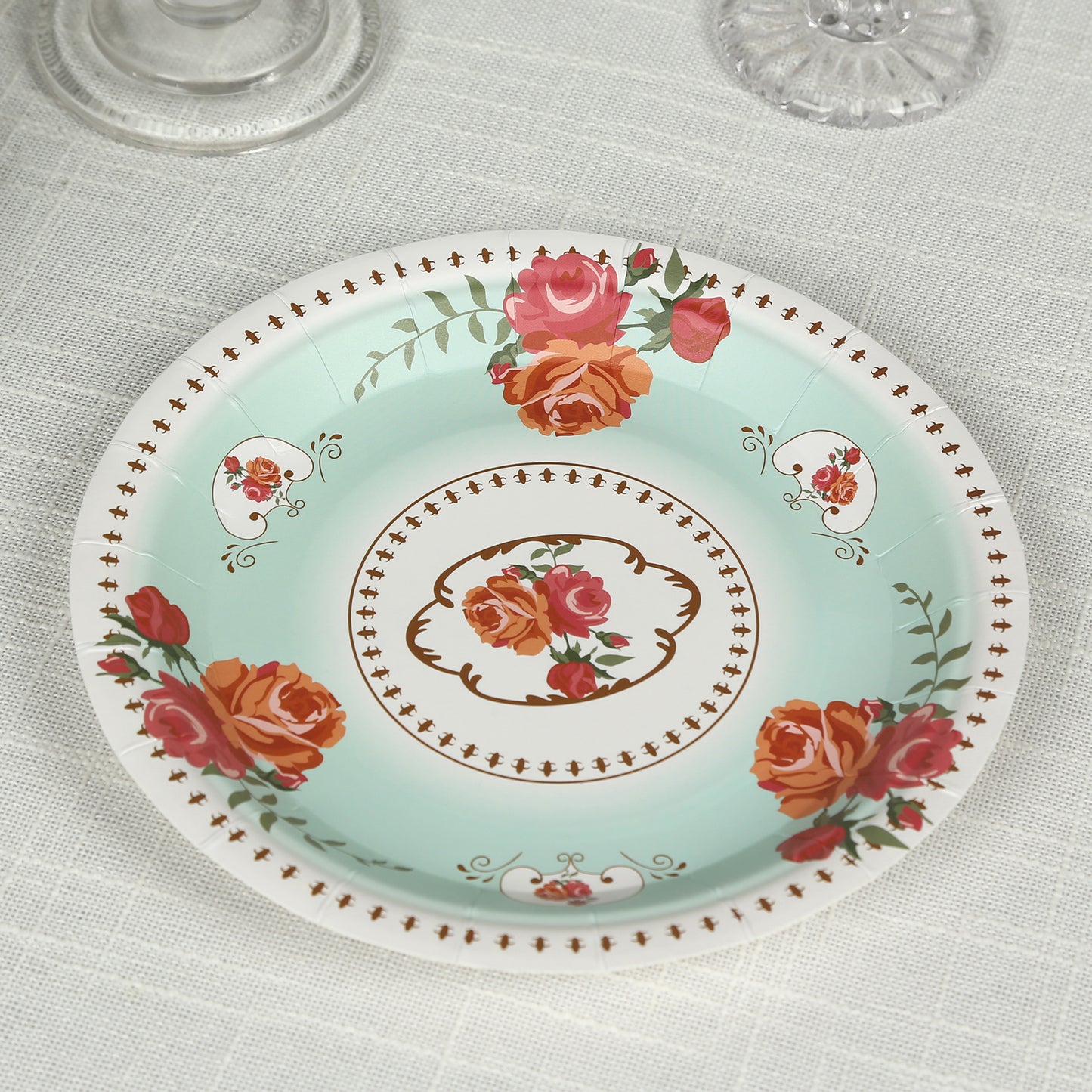 25 Pack Light Turquoise Round Floral Paper Salad Plates, Disposable Tea Party Appetizer Dessert Plates with Rose Flowers Print - 7"