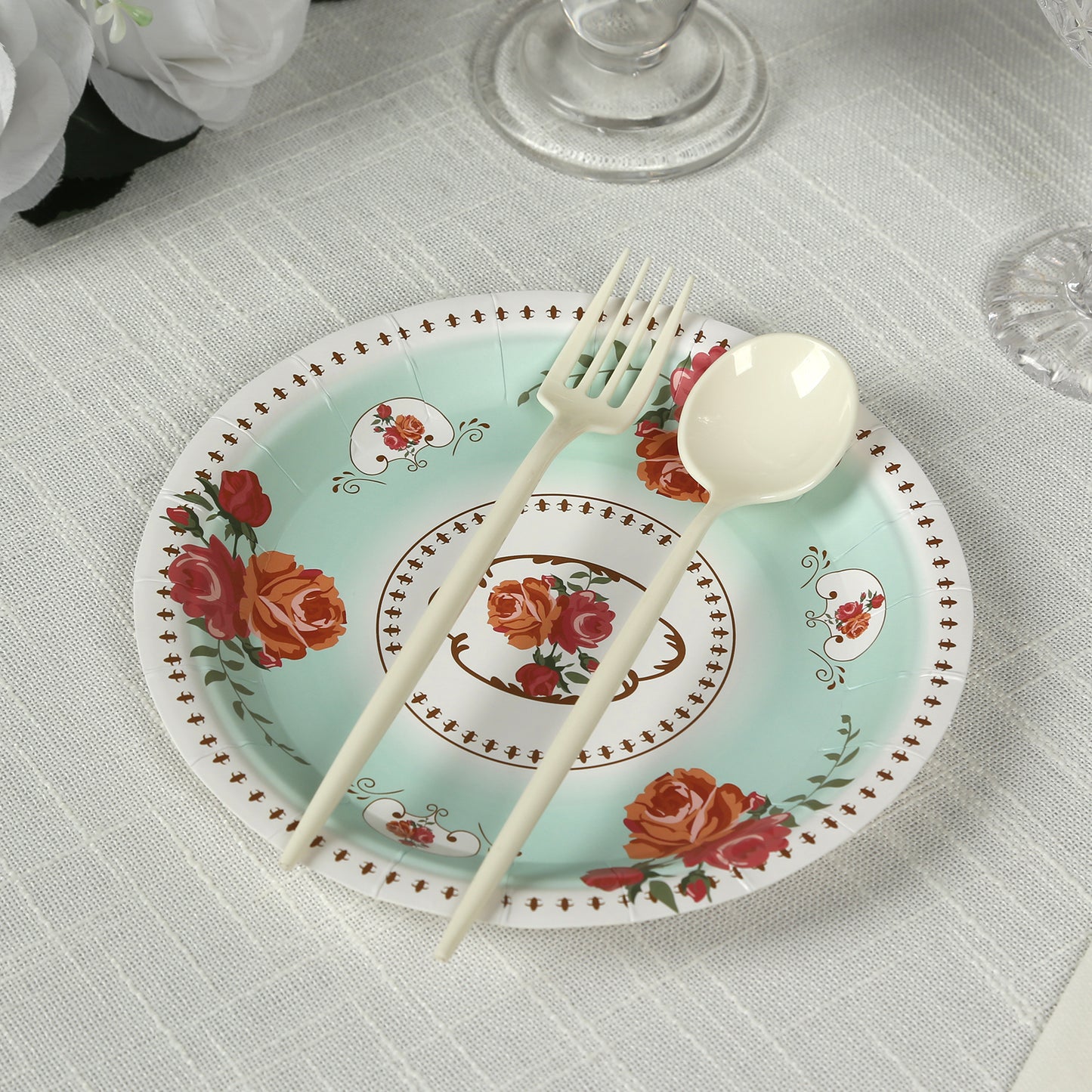 25 Pack Light Turquoise Round Floral Paper Salad Plates, Disposable Tea Party Appetizer Dessert Plates with Rose Flowers Print - 7"