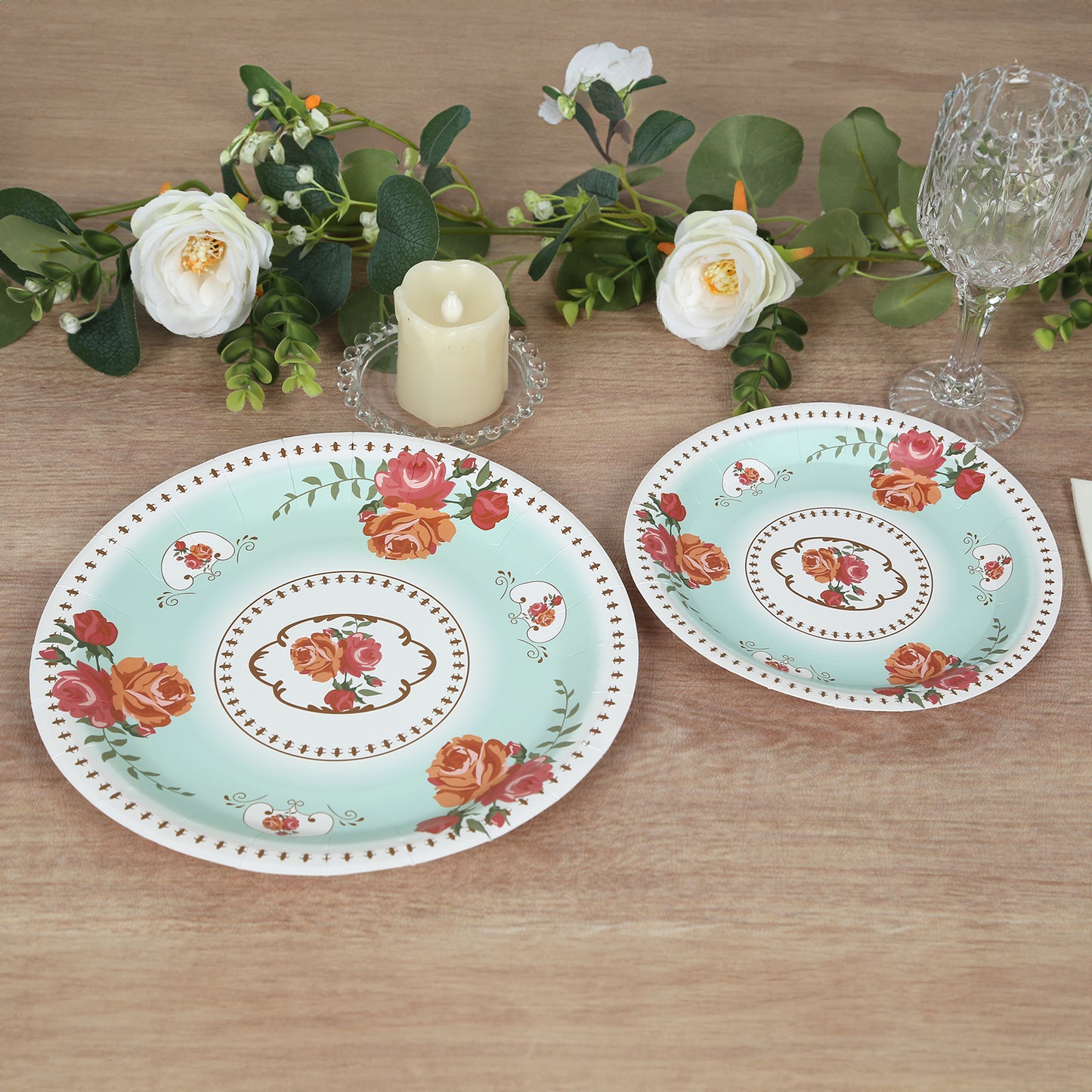 25 Pack Light Turquoise Round Floral Paper Salad Plates, Disposable Tea Party Appetizer Dessert Plates with Rose Flowers Print - 7"