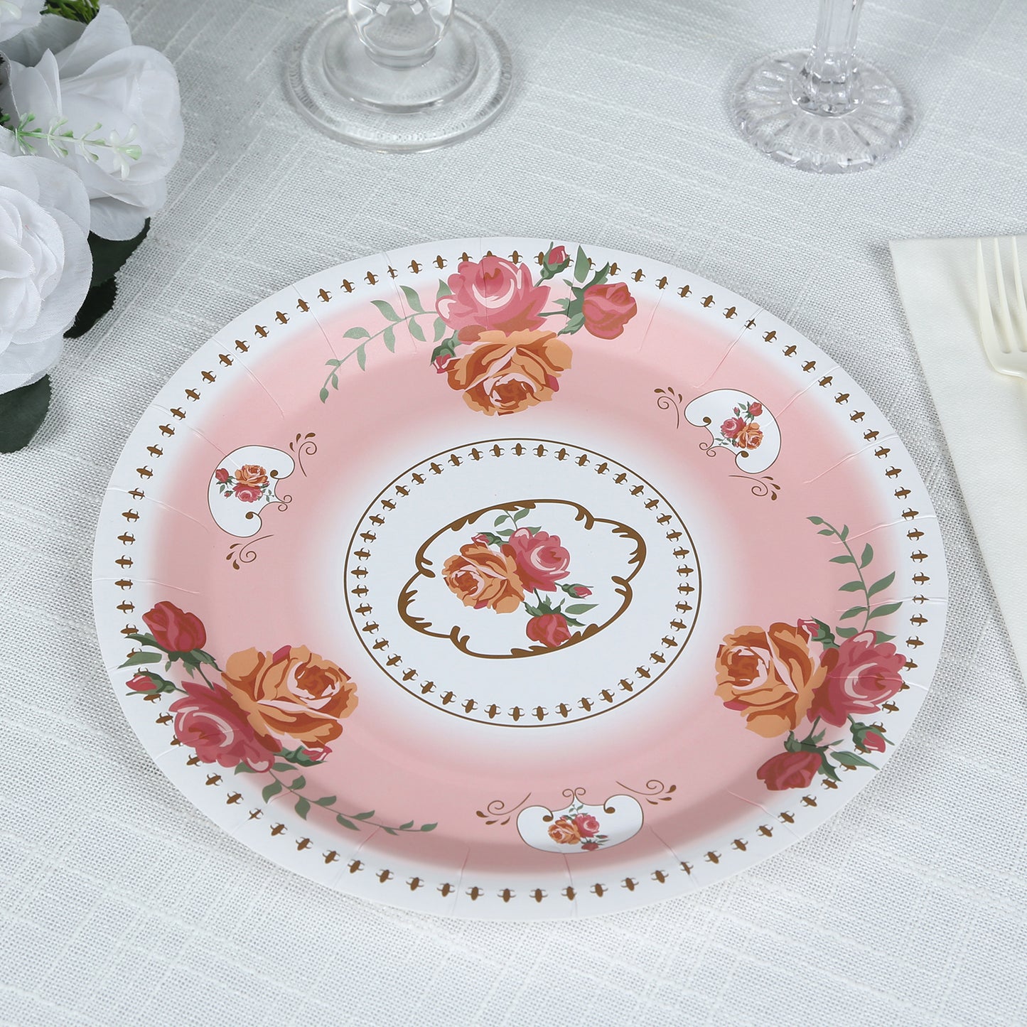 25 Pack Dusty Rose Round Floral Paper Dinner Plates, Disposable Tea Party Plates with Rose Flowers Print - 9"