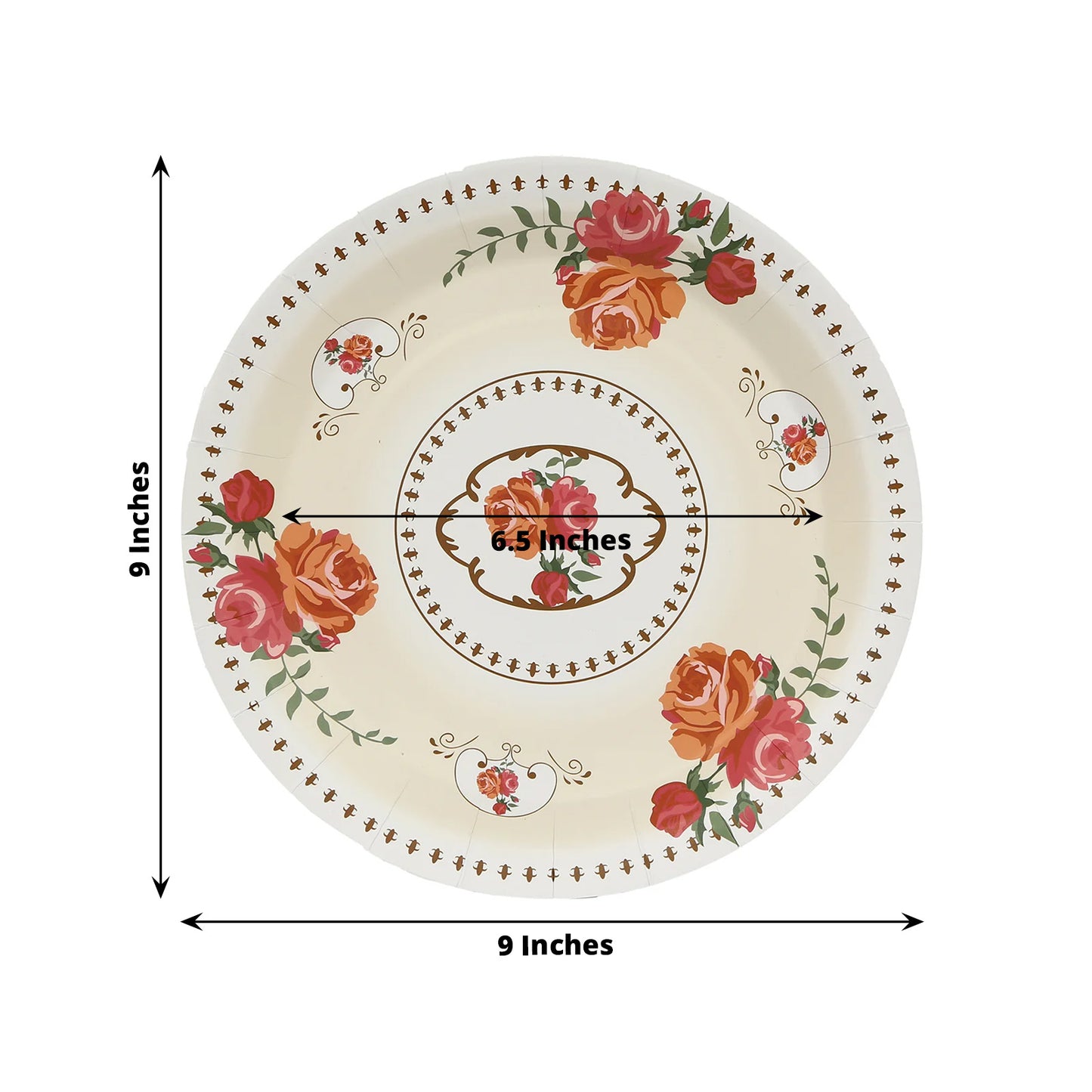 25 Pack Ivory Round Floral Paper Dinner Plates, Disposable Tea Party Plates with Rose Flowers Print - 9"