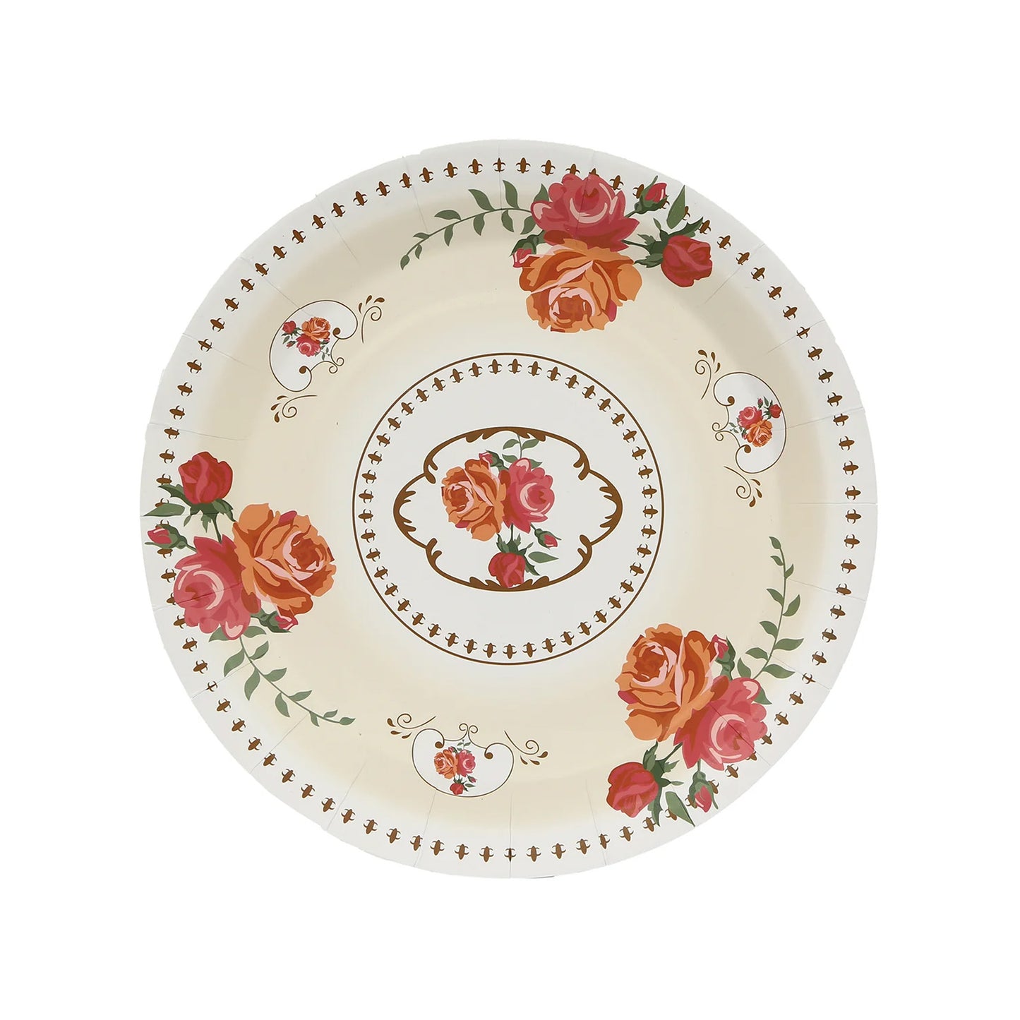 25 Pack Ivory Round Floral Paper Dinner Plates, Disposable Tea Party Plates with Rose Flowers Print - 9"