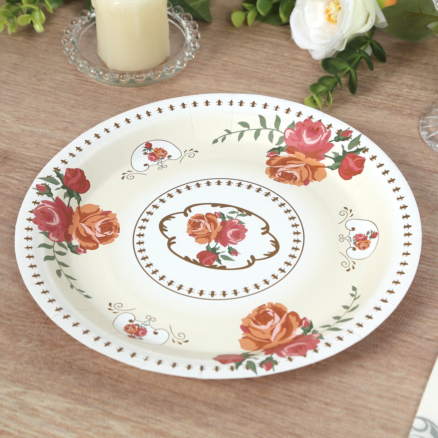 25 Pack Ivory Round Floral Paper Dinner Plates, Disposable Tea Party Plates with Rose Flowers Print - 9"