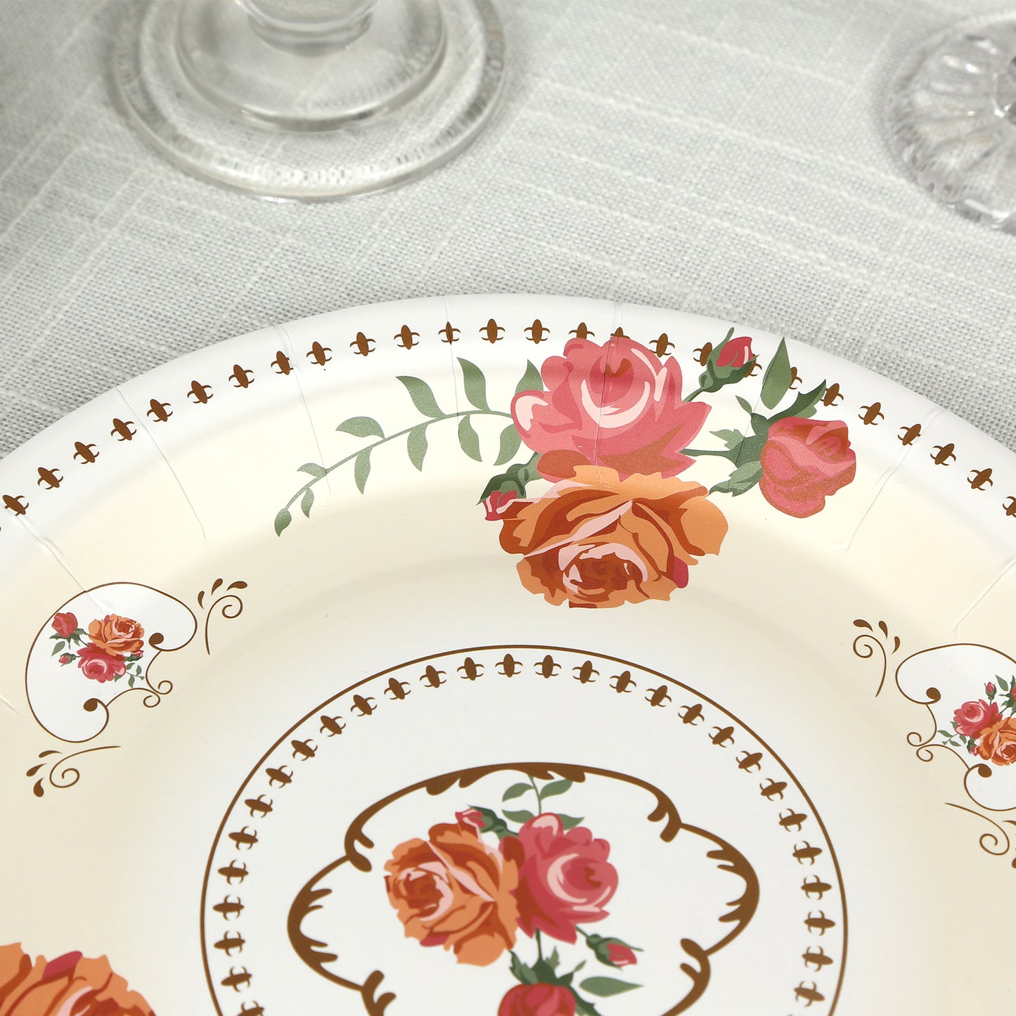 25 Pack Ivory Round Floral Paper Dinner Plates, Disposable Tea Party Plates with Rose Flowers Print - 9"