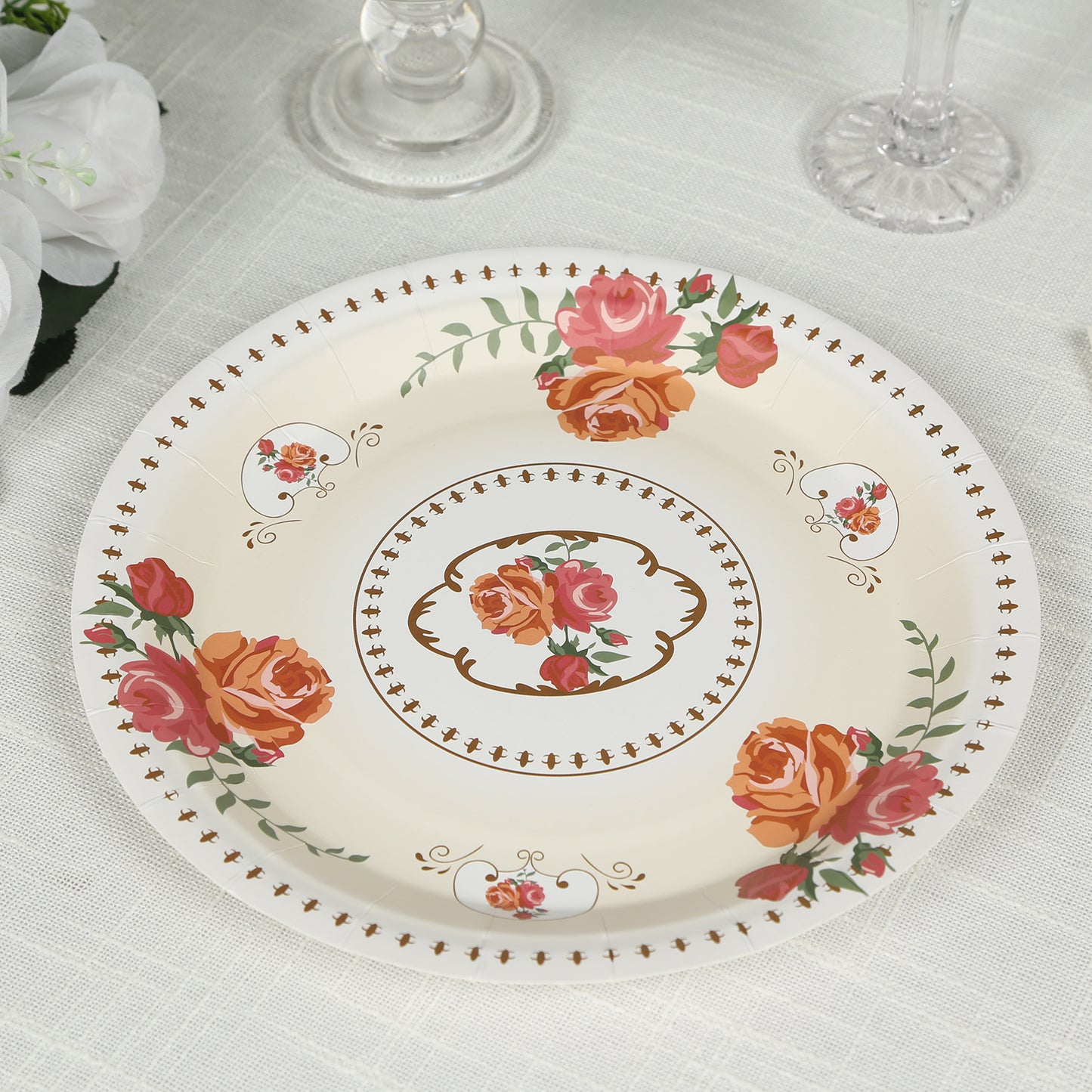 25 Pack Ivory Round Floral Paper Dinner Plates, Disposable Tea Party Plates with Rose Flowers Print - 9"