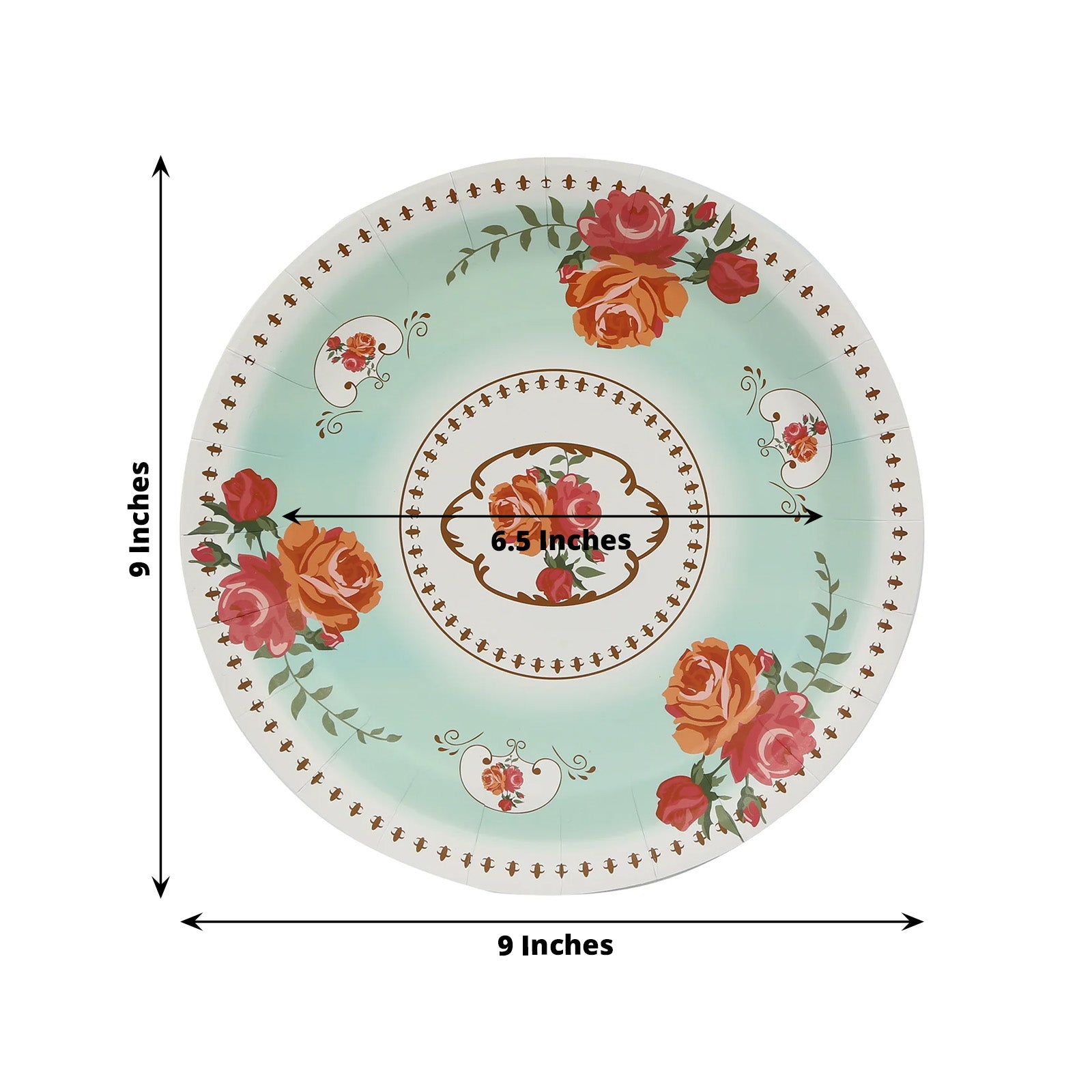 Light turquoise round paper dinner plate with rose flowers print.