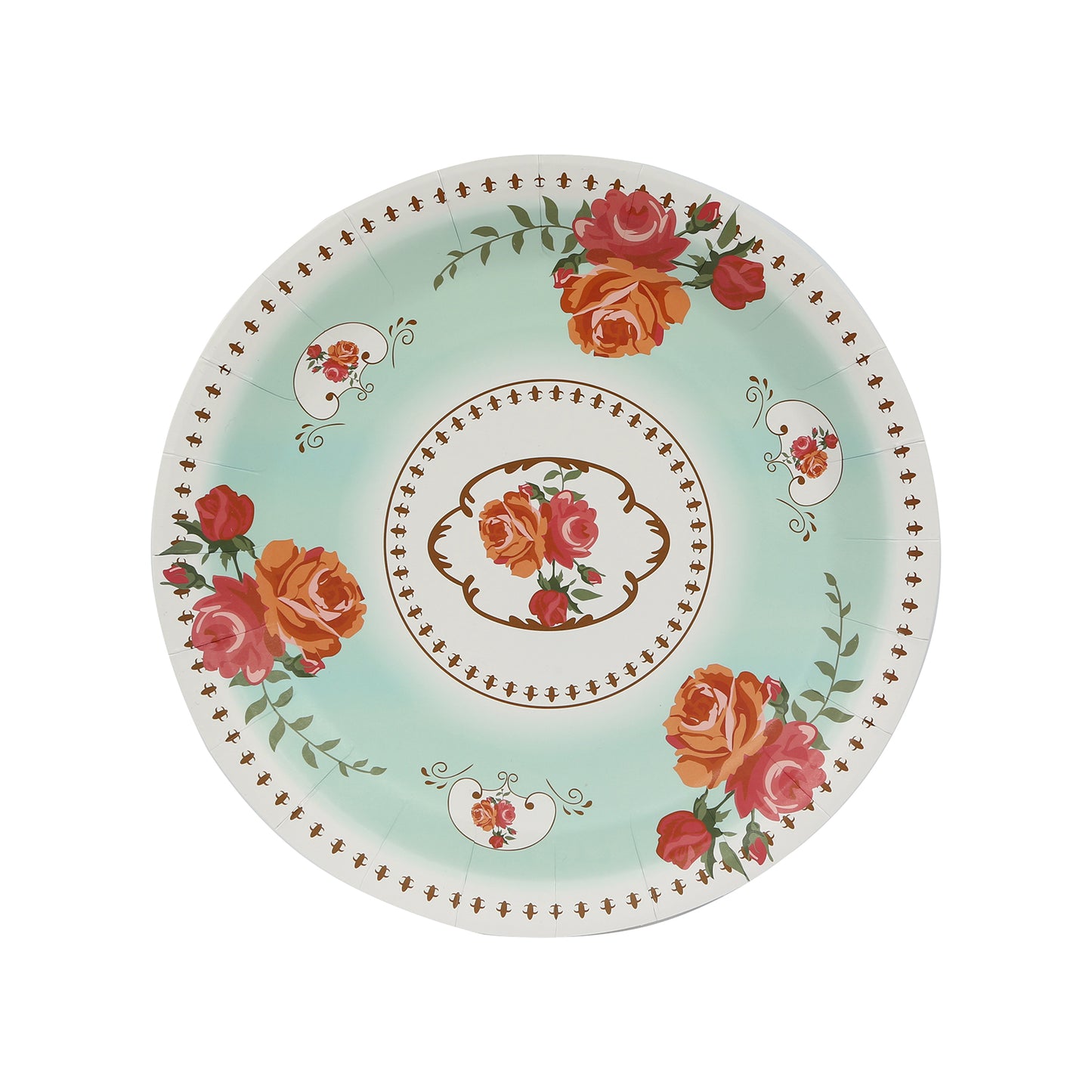 Light turquoise floral paper dinner plate with rose print.
