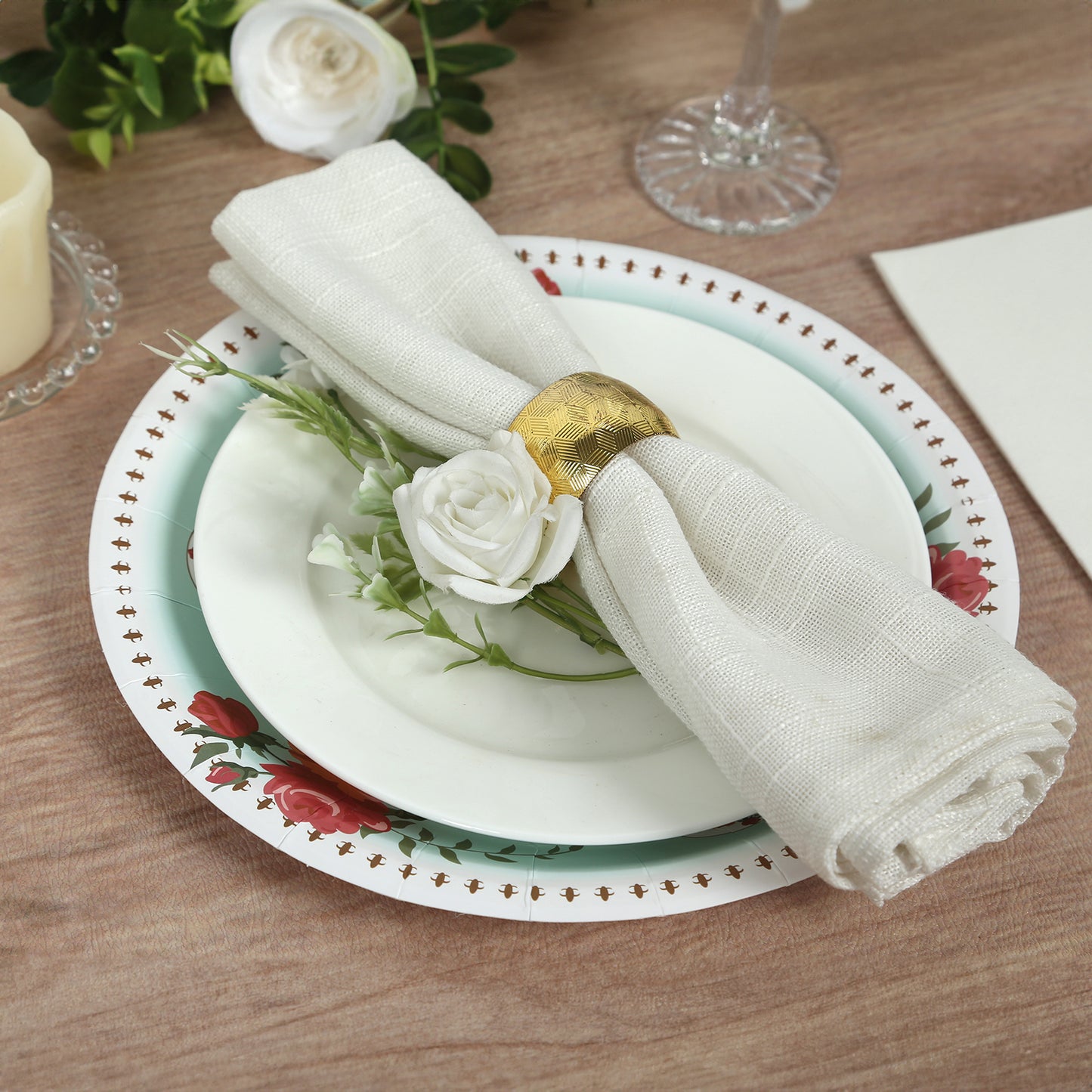 Light turquoise round floral paper dinner plate with rose flowers print.