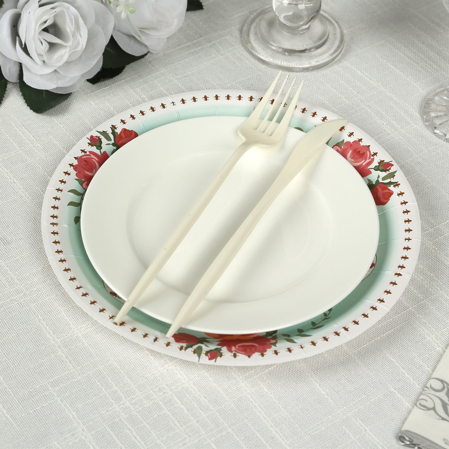 Light turquoise floral paper dinner plate with rose flowers print.
