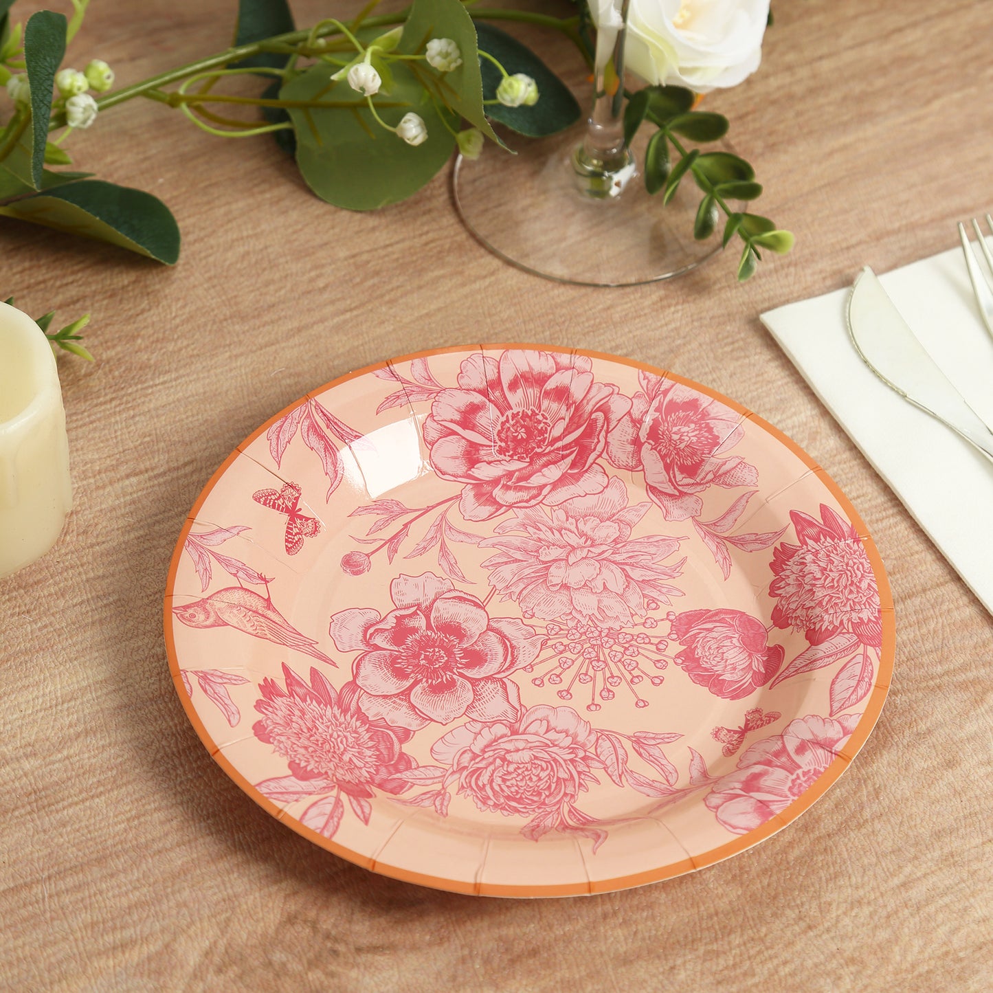 50 Pcs Dusty Rose Spring Floral Disposable Plates with Gold Rim, Heavy Duty Round Dinner and Dessert Paper Plates - 7",9"
