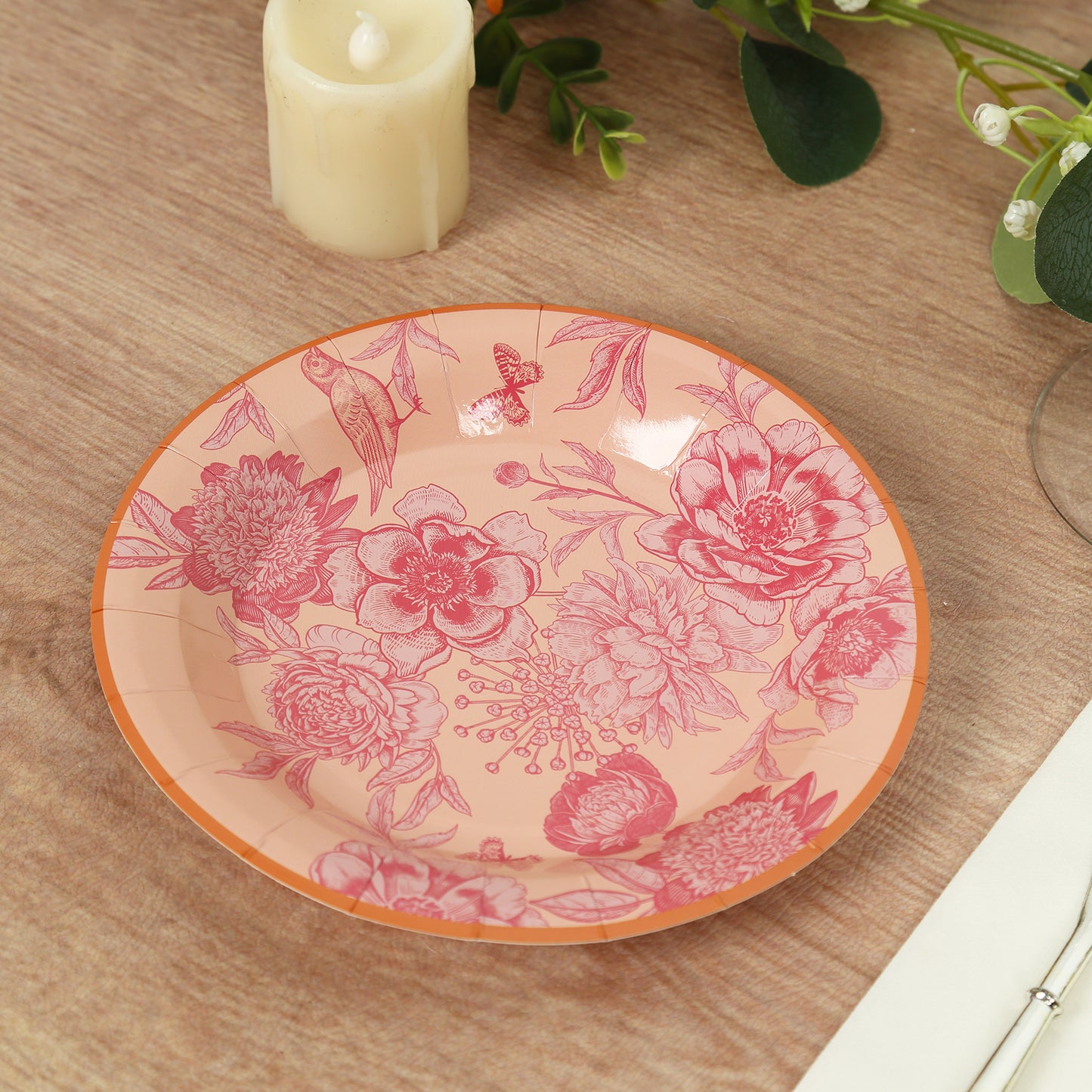 50 Pcs Dusty Rose Spring Floral Disposable Plates with Gold Rim, Heavy Duty Round Dinner and Dessert Paper Plates - 7",9"