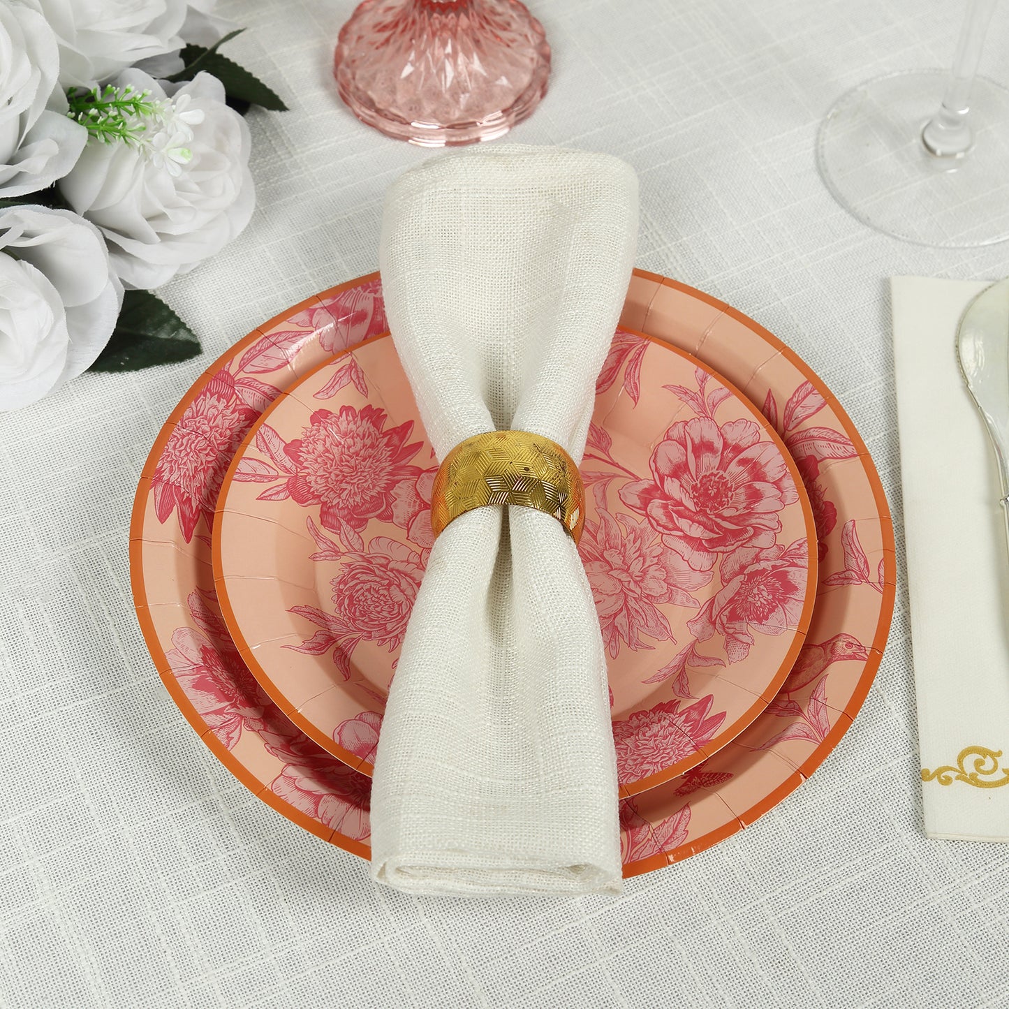50 Pcs Dusty Rose Spring Floral Disposable Plates with Gold Rim, Heavy Duty Round Dinner and Dessert Paper Plates - 7",9"