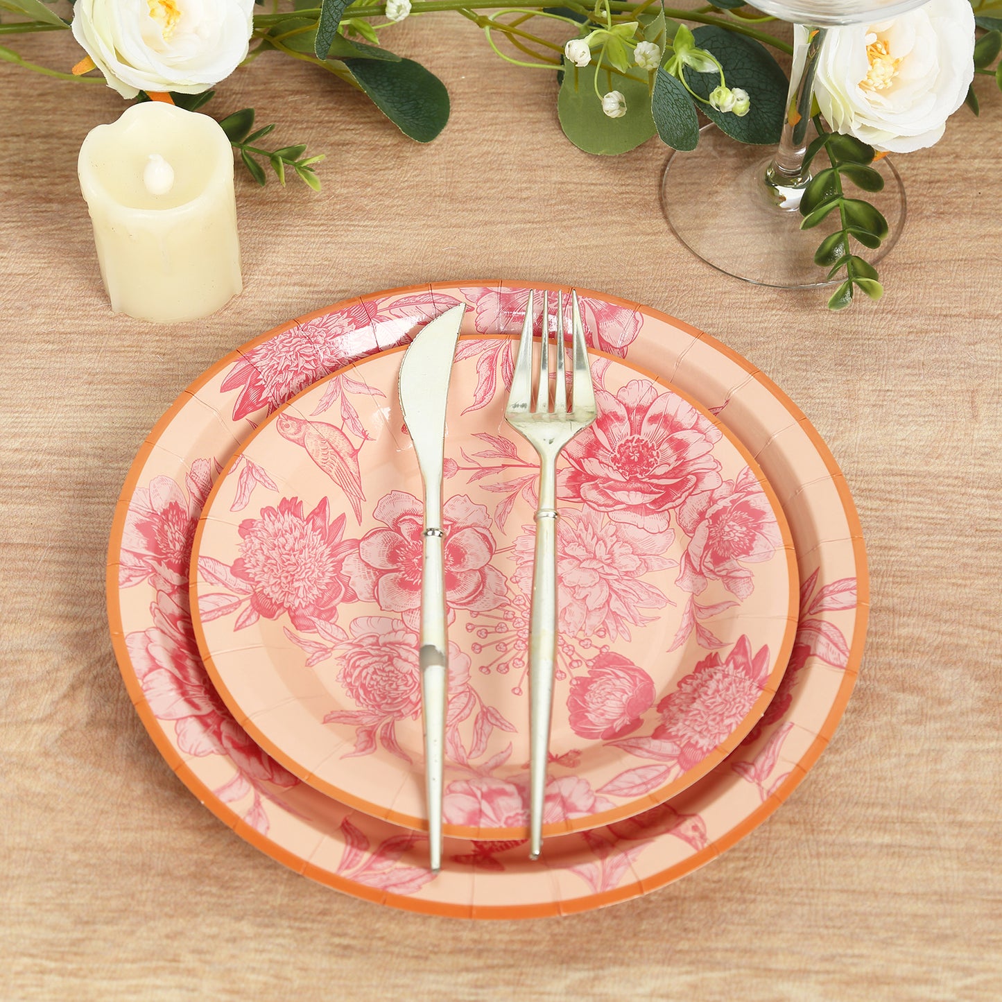 50 Pcs Dusty Rose Spring Floral Disposable Plates with Gold Rim, Heavy Duty Round Dinner and Dessert Paper Plates - 7",9"