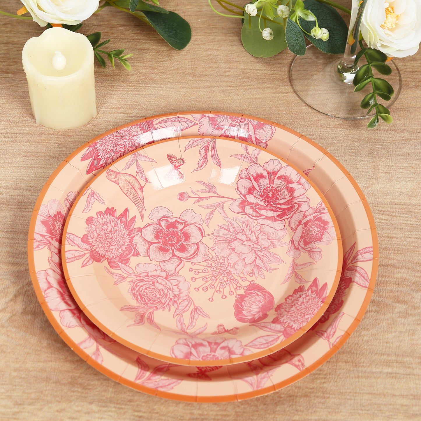 50 Pcs Dusty Rose Spring Floral Disposable Plates with Gold Rim, Heavy Duty Round Dinner and Dessert Paper Plates - 7",9"