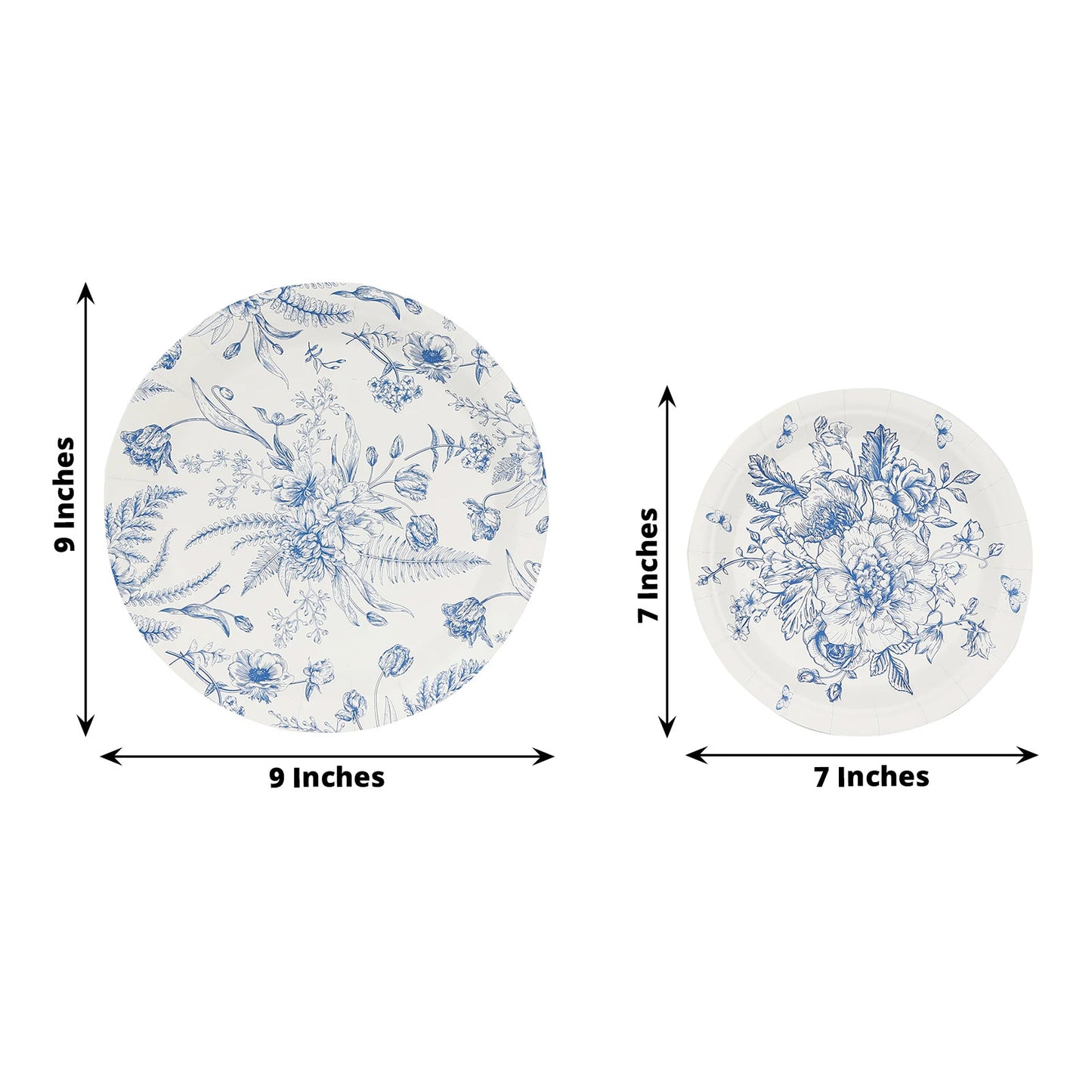 50 Pcs White Blue Vintage Floral Disposable Plates with French Toile Pattern, Round Dinner and Dessert Paper Plates - 7",9"