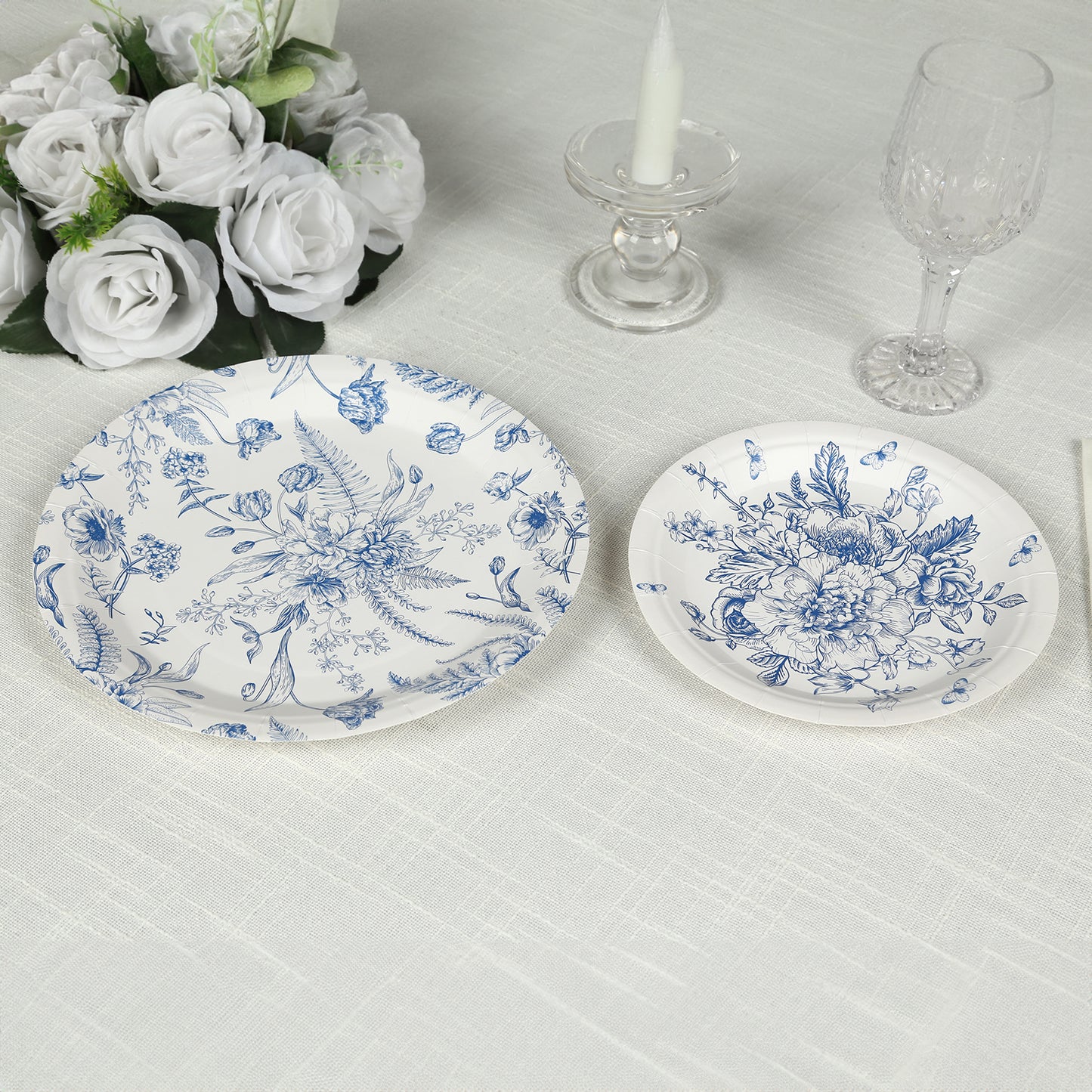 50 Pcs White Blue Vintage Floral Disposable Plates with French Toile Pattern, Round Dinner and Dessert Paper Plates - 7",9"