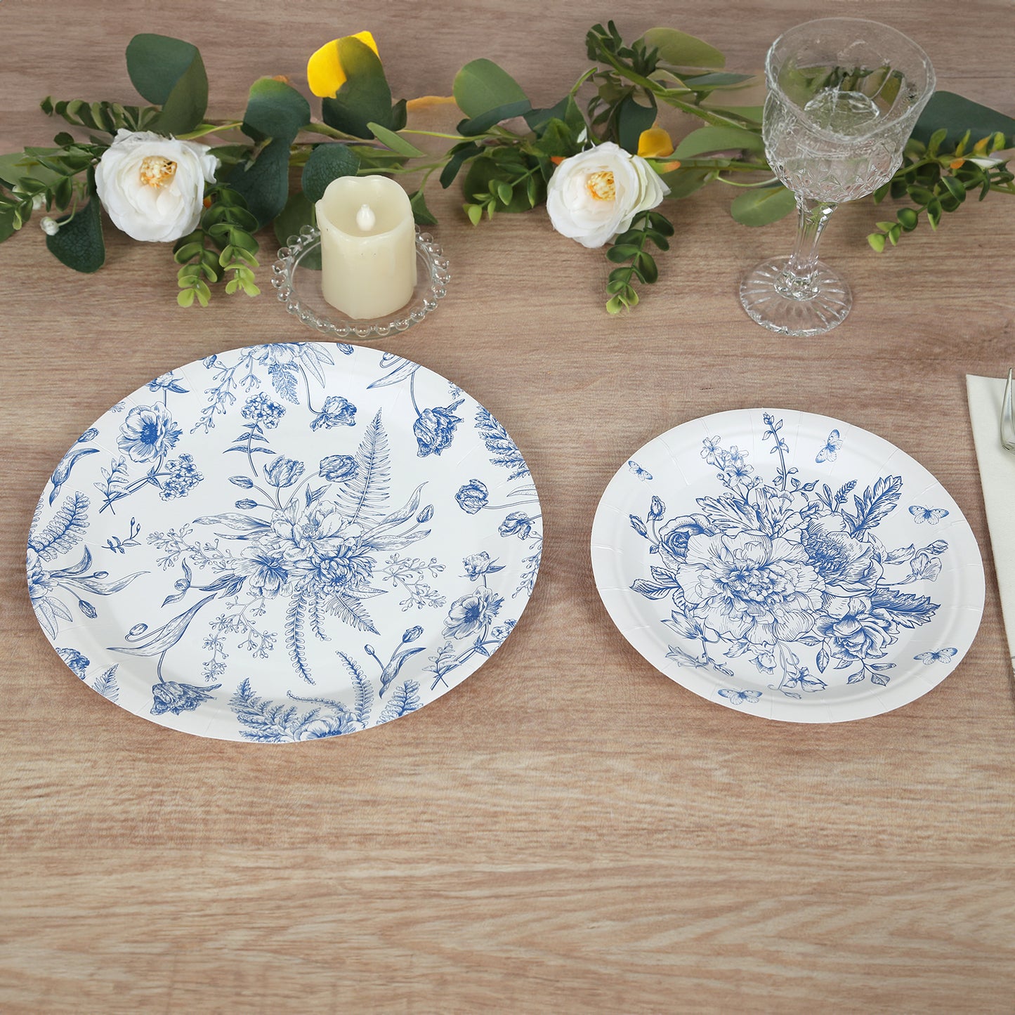 50 Pcs White Blue Vintage Floral Disposable Plates with French Toile Pattern, Round Dinner and Dessert Paper Plates - 7",9"