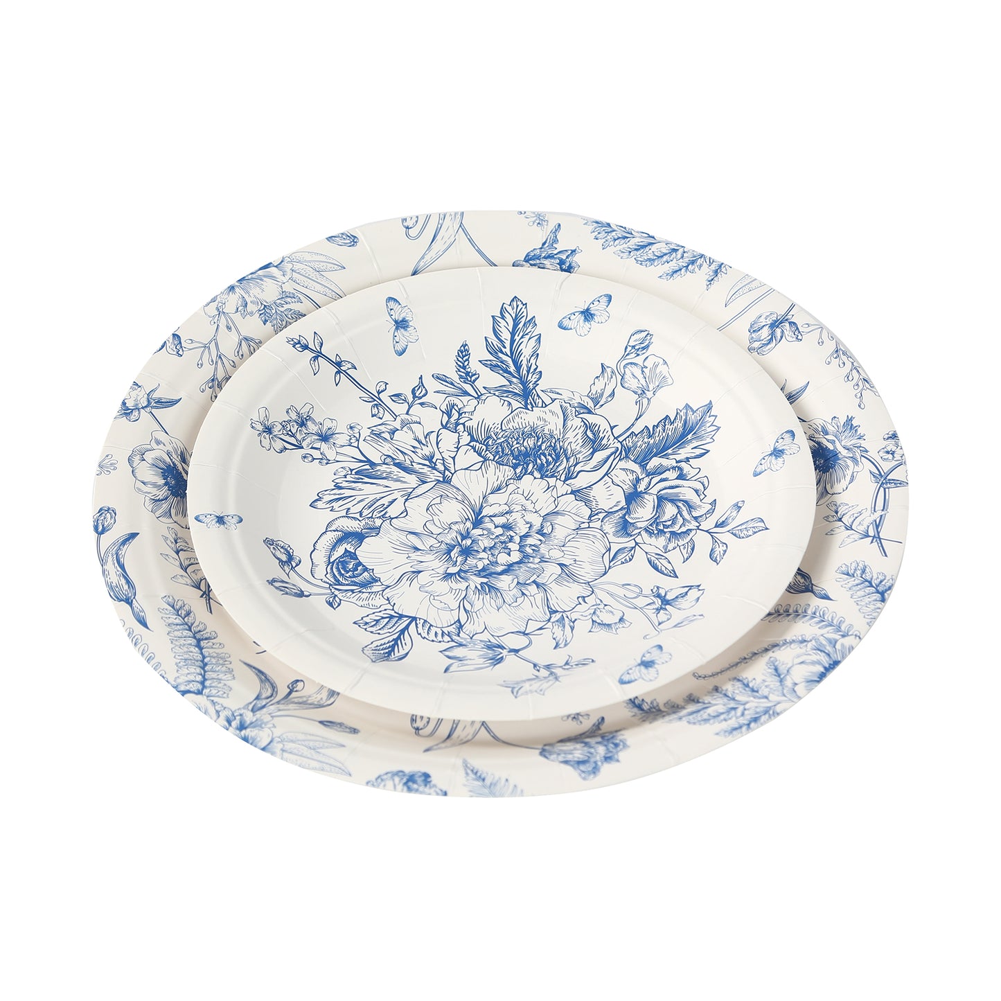50 Pcs White Blue Vintage Floral Disposable Plates with French Toile Pattern, Round Dinner and Dessert Paper Plates - 7",9"