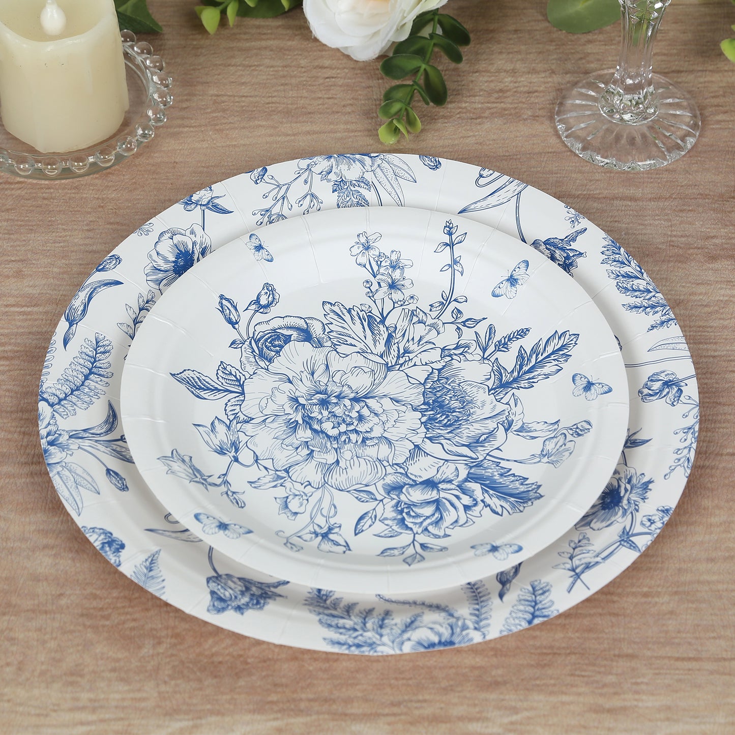 50 Pcs White Blue Vintage Floral Disposable Plates with French Toile Pattern, Round Dinner and Dessert Paper Plates - 7",9"
