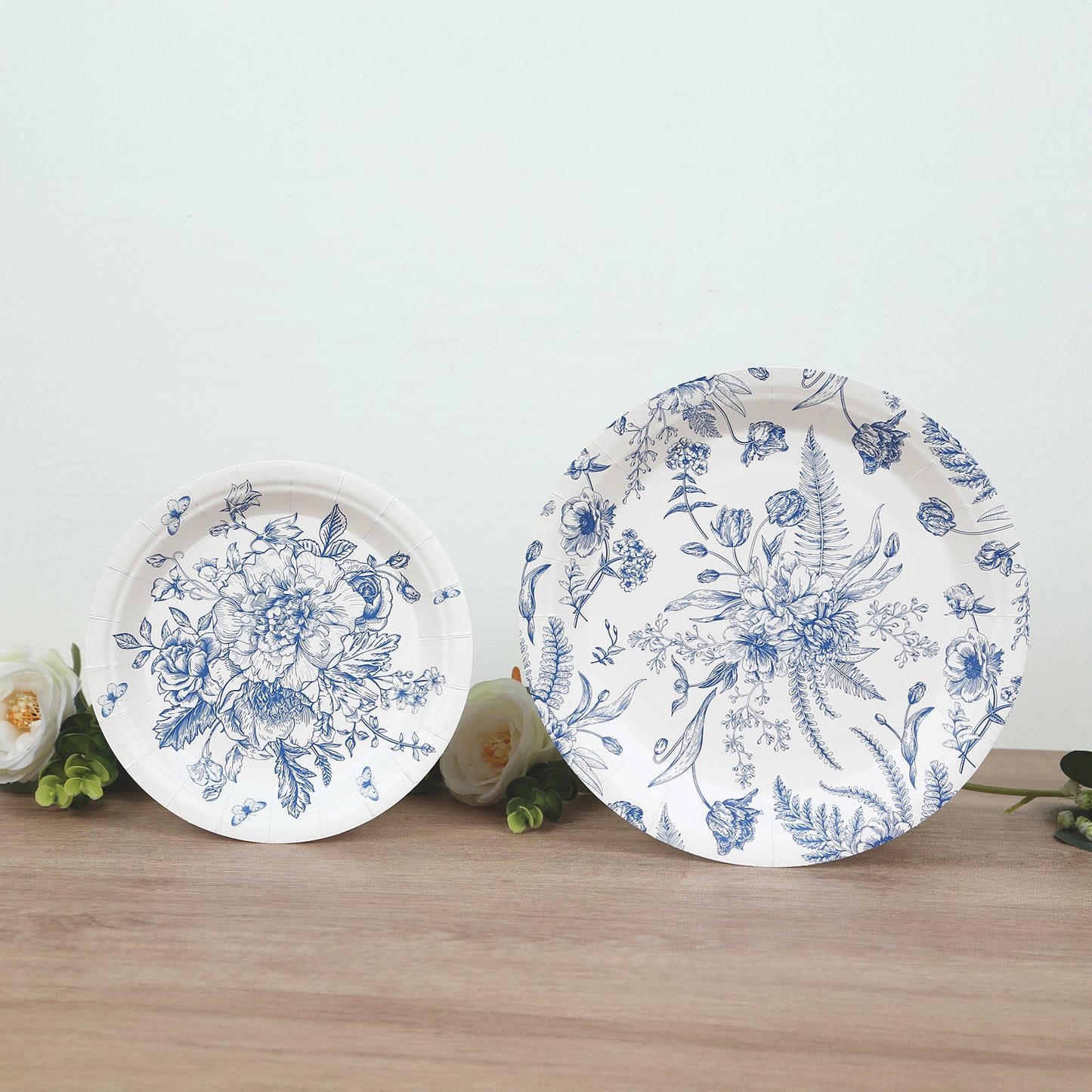 50 Pcs White Blue Vintage Floral Disposable Plates with French Toile Pattern, Round Dinner and Dessert Paper Plates - 7",9"