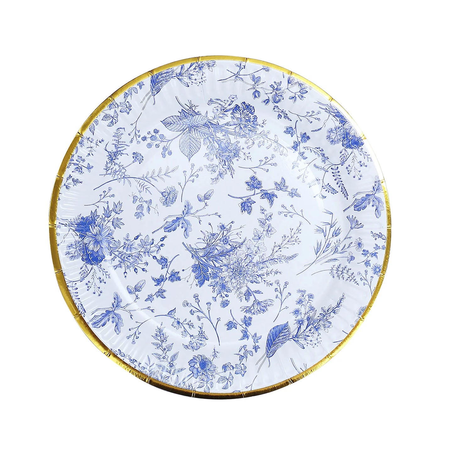 25 Pack 7" Light Blue French Toile Disposable Salad Plates with Gold Rim, Round Paper Appetizer Dessert Plates