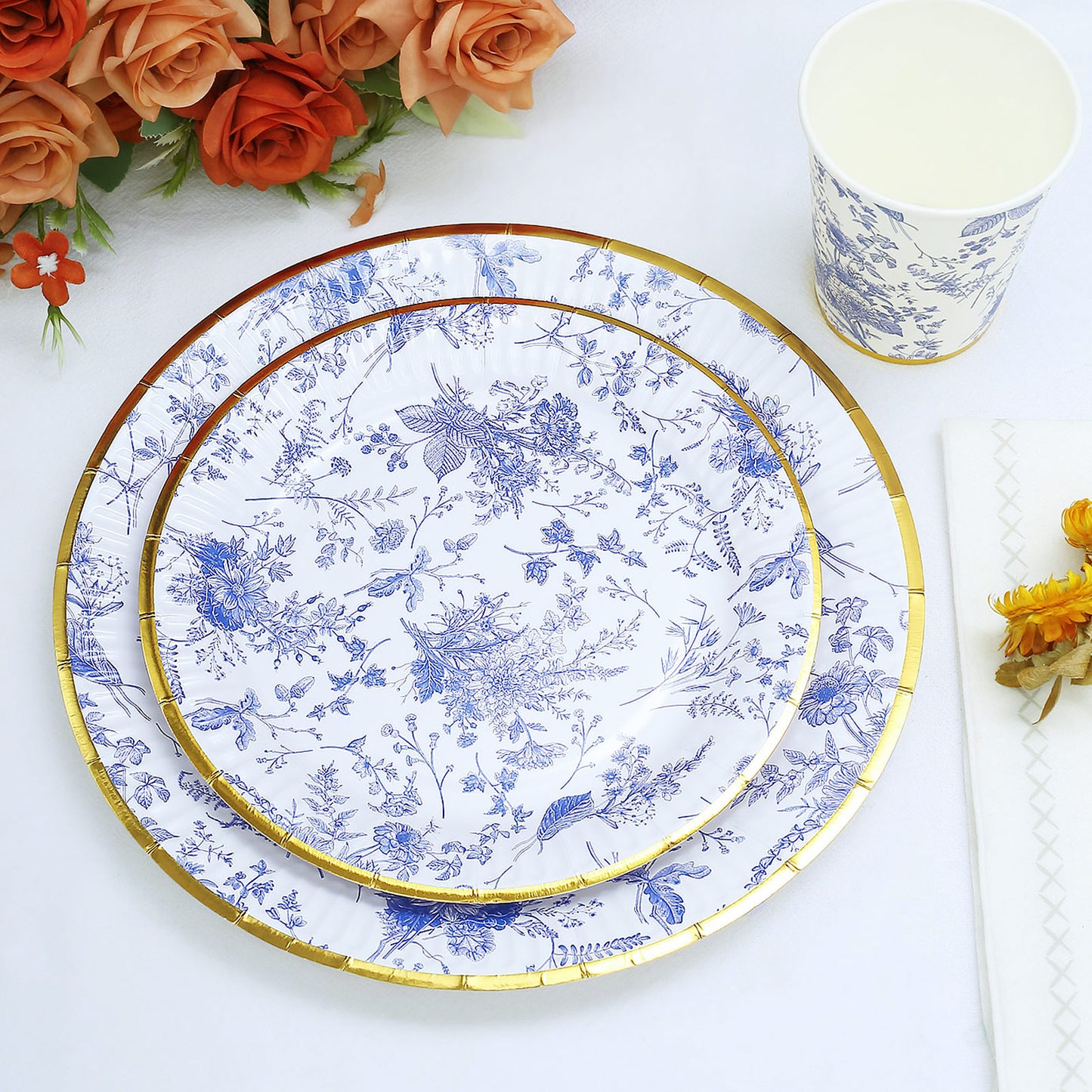 25 Pack 7" Light Blue French Toile Disposable Salad Plates with Gold Rim, Round Paper Appetizer Dessert Plates