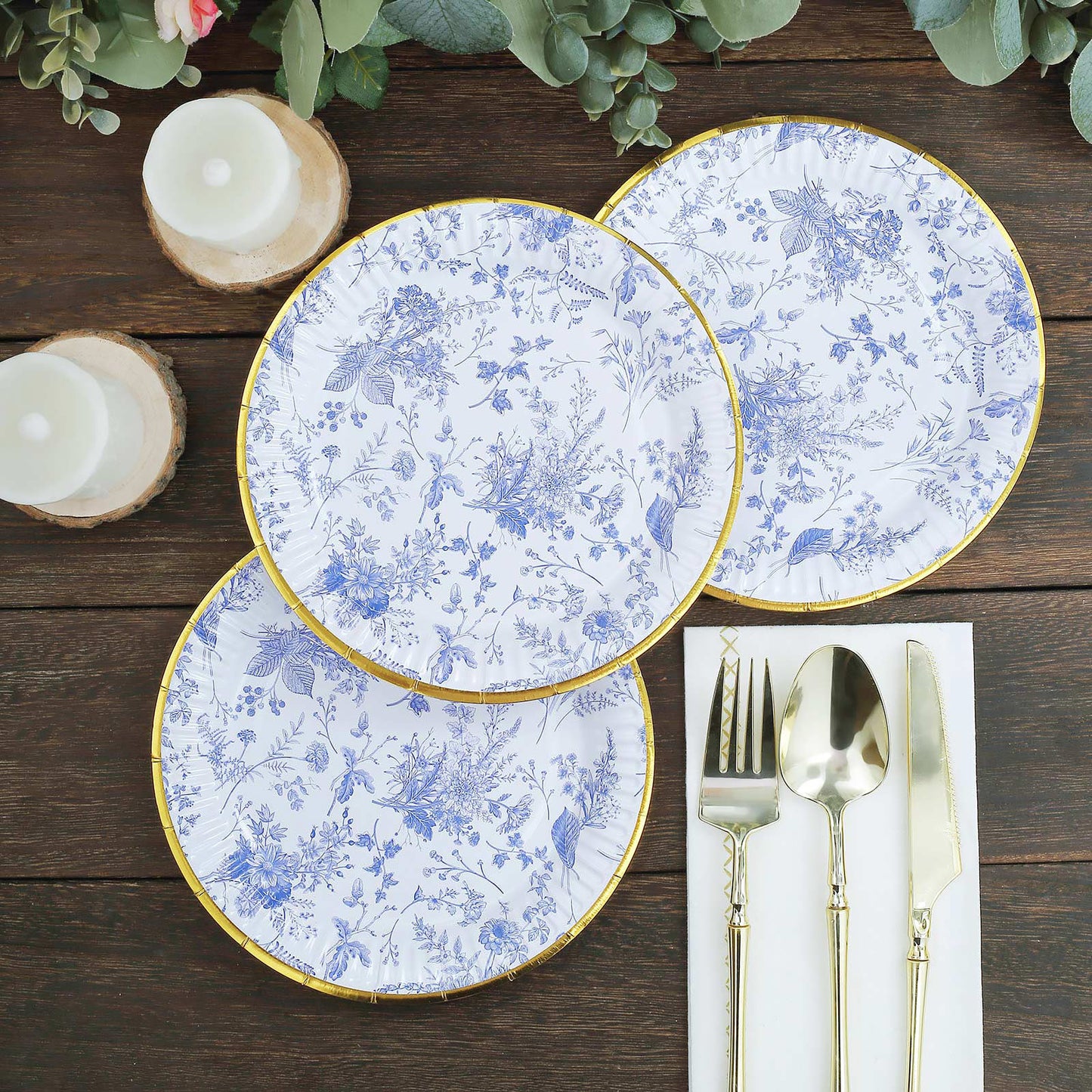 25 Pack 7" Light Blue French Toile Disposable Salad Plates with Gold Rim, Round Paper Appetizer Dessert Plates