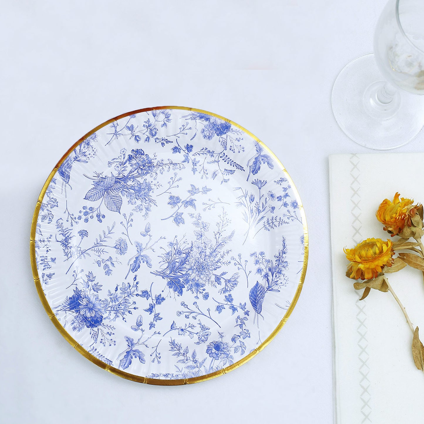 25 Pack 7" Light Blue French Toile Disposable Salad Plates with Gold Rim, Round Paper Appetizer Dessert Plates