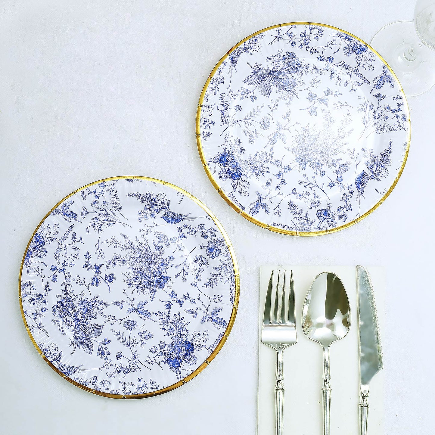 25 Pack 7" Light Blue French Toile Disposable Salad Plates with Gold Rim, Round Paper Appetizer Dessert Plates