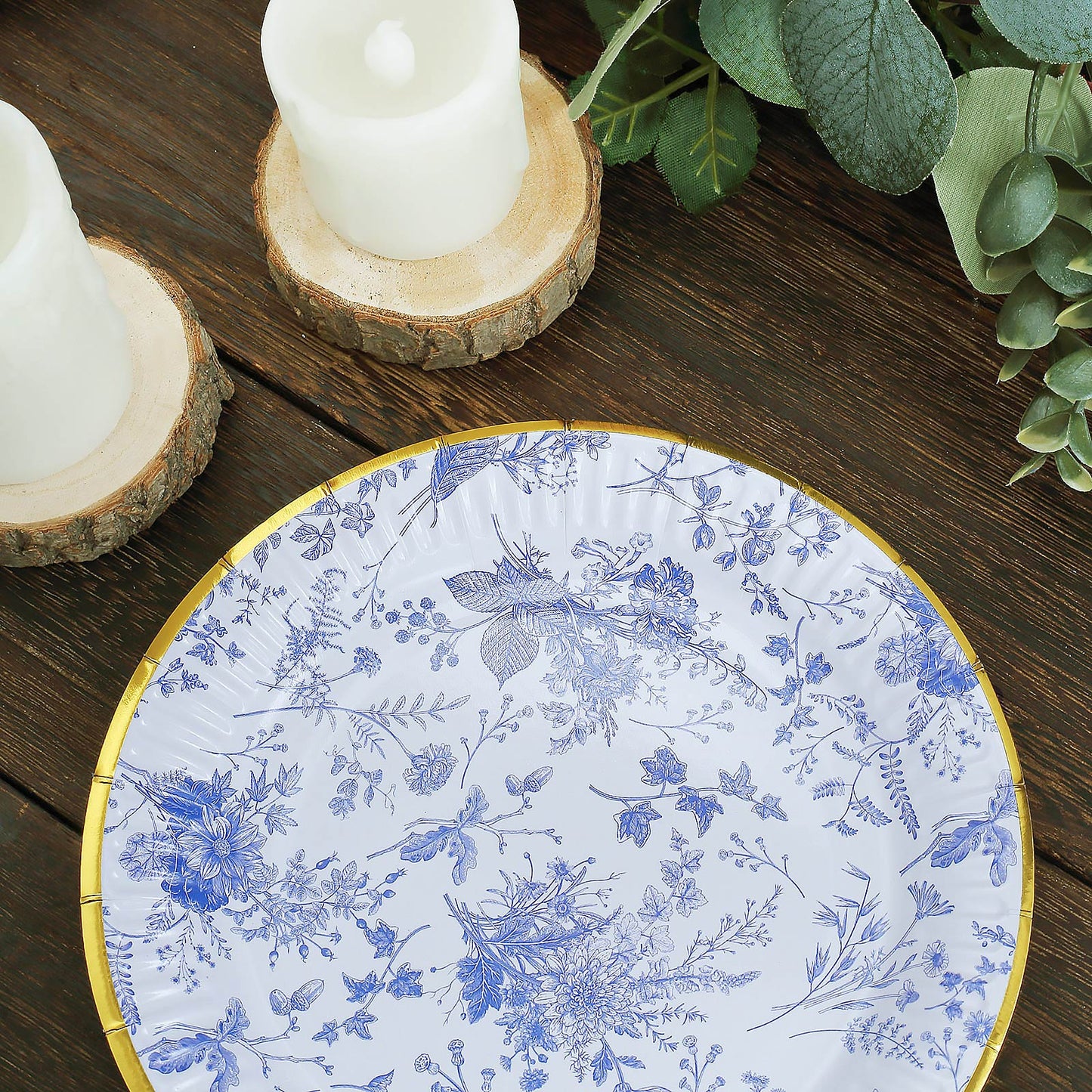 25 Pack 7" Light Blue French Toile Disposable Salad Plates with Gold Rim, Round Paper Appetizer Dessert Plates