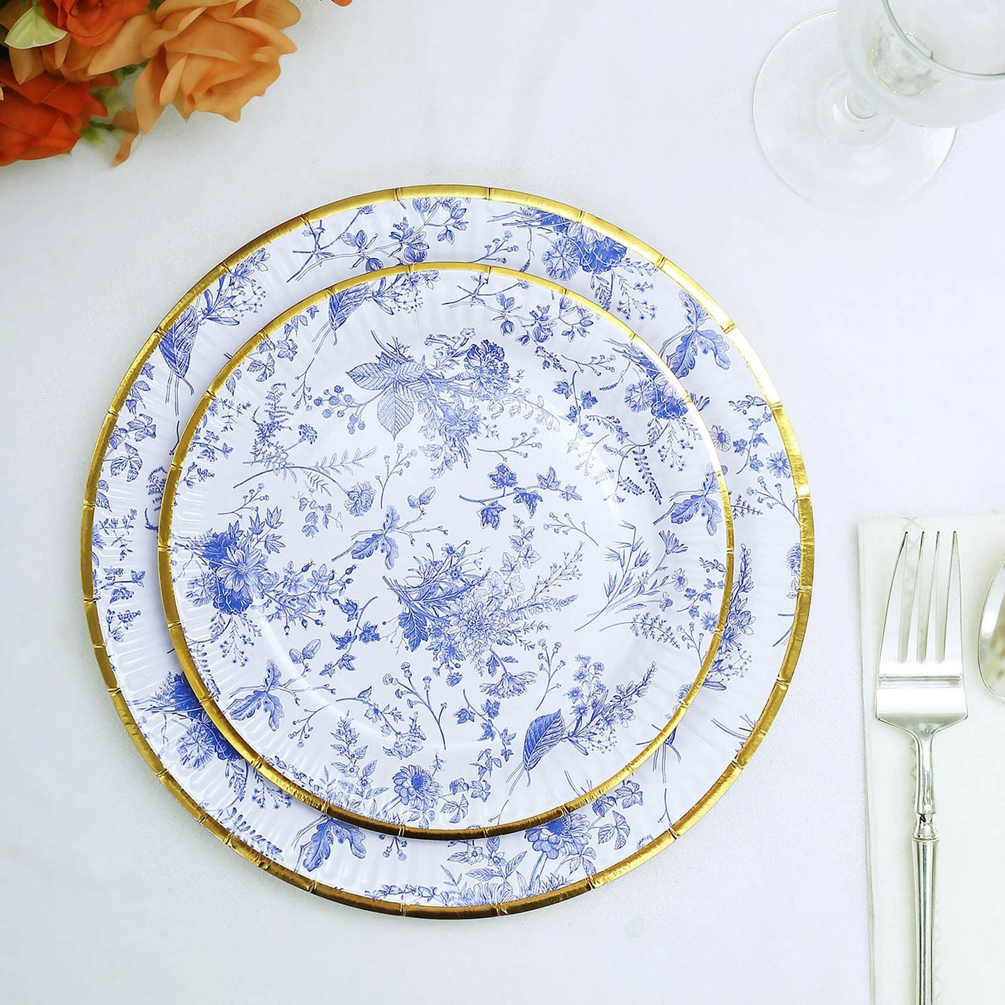 25 Pack 7" Light Blue French Toile Disposable Salad Plates with Gold Rim, Round Paper Appetizer Dessert Plates