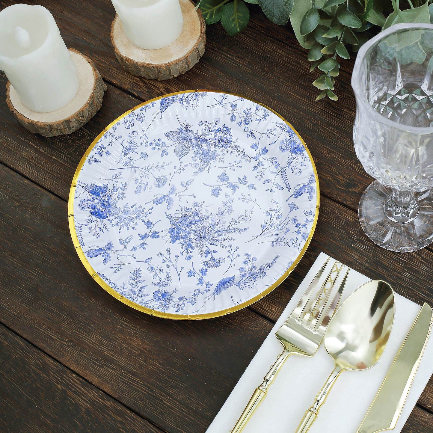 25 Pack 7" Light Blue French Toile Disposable Salad Plates with Gold Rim, Round Paper Appetizer Dessert Plates