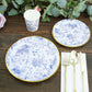 25 Pack White Light Blue French Toile Disposable Dinner Plates with Gold Rim, 9" Round Paper Party Plates