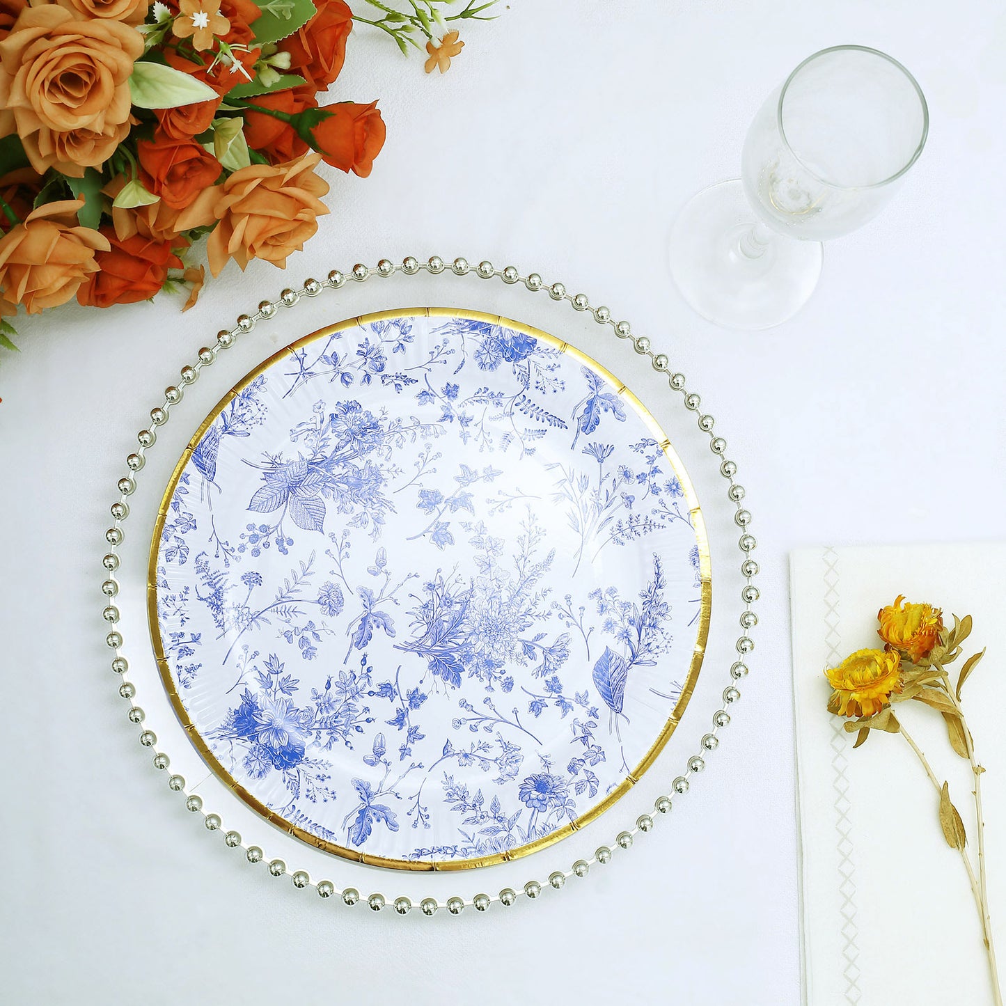 25 Pack White Light Blue French Toile Disposable Dinner Plates with Gold Rim, 9" Round Paper Party Plates