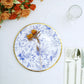 25 Pack White Light Blue French Toile Disposable Dinner Plates with Gold Rim, 9" Round Paper Party Plates