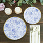 25 Pack White Light Blue French Toile Disposable Dinner Plates with Gold Rim, 9" Round Paper Party Plates