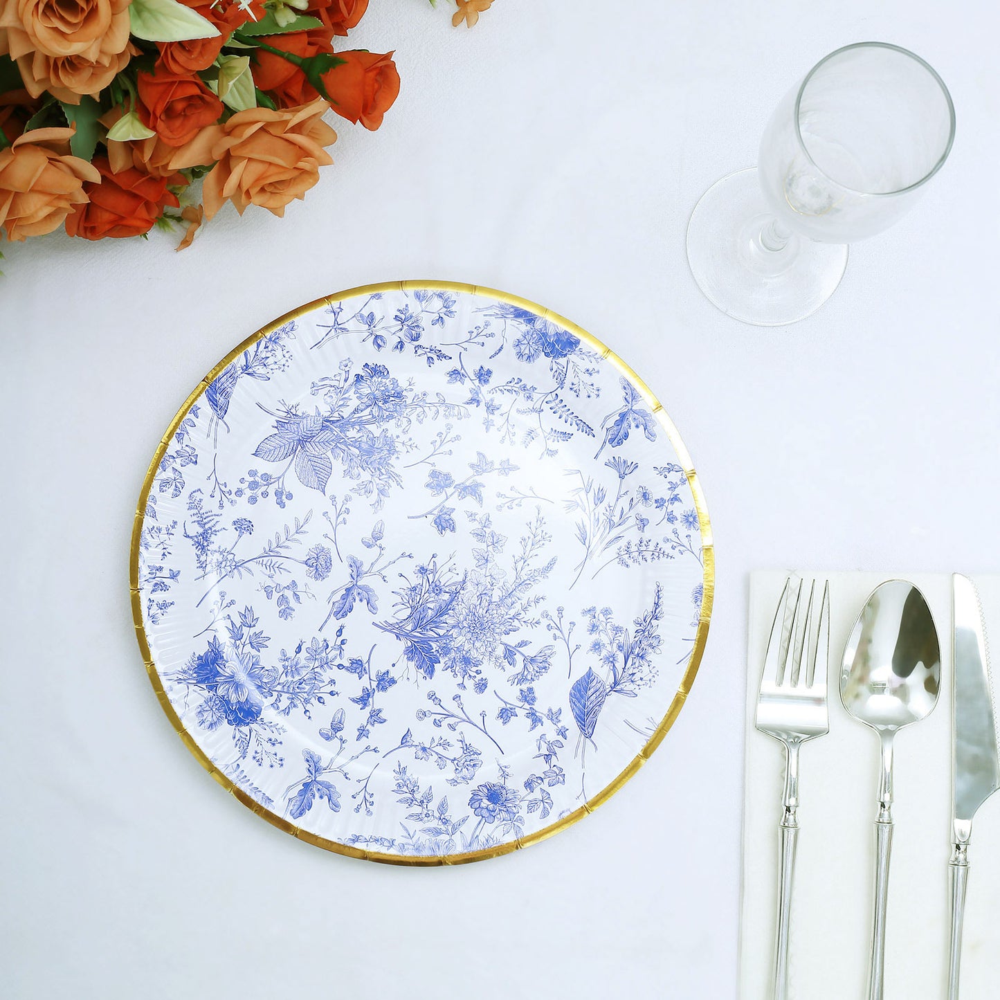 25 Pack White Light Blue French Toile Disposable Dinner Plates with Gold Rim, 9" Round Paper Party Plates