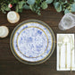 25 Pack White Light Blue French Toile Disposable Dinner Plates with Gold Rim, 9" Round Paper Party Plates