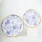 25 Pack White Light Blue French Toile Disposable Dinner Plates with Gold Rim, 9" Round Paper Party Plates
