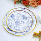 25 Pack White Light Blue French Toile Disposable Dinner Plates with Gold Rim, 9" Round Paper Party Plates